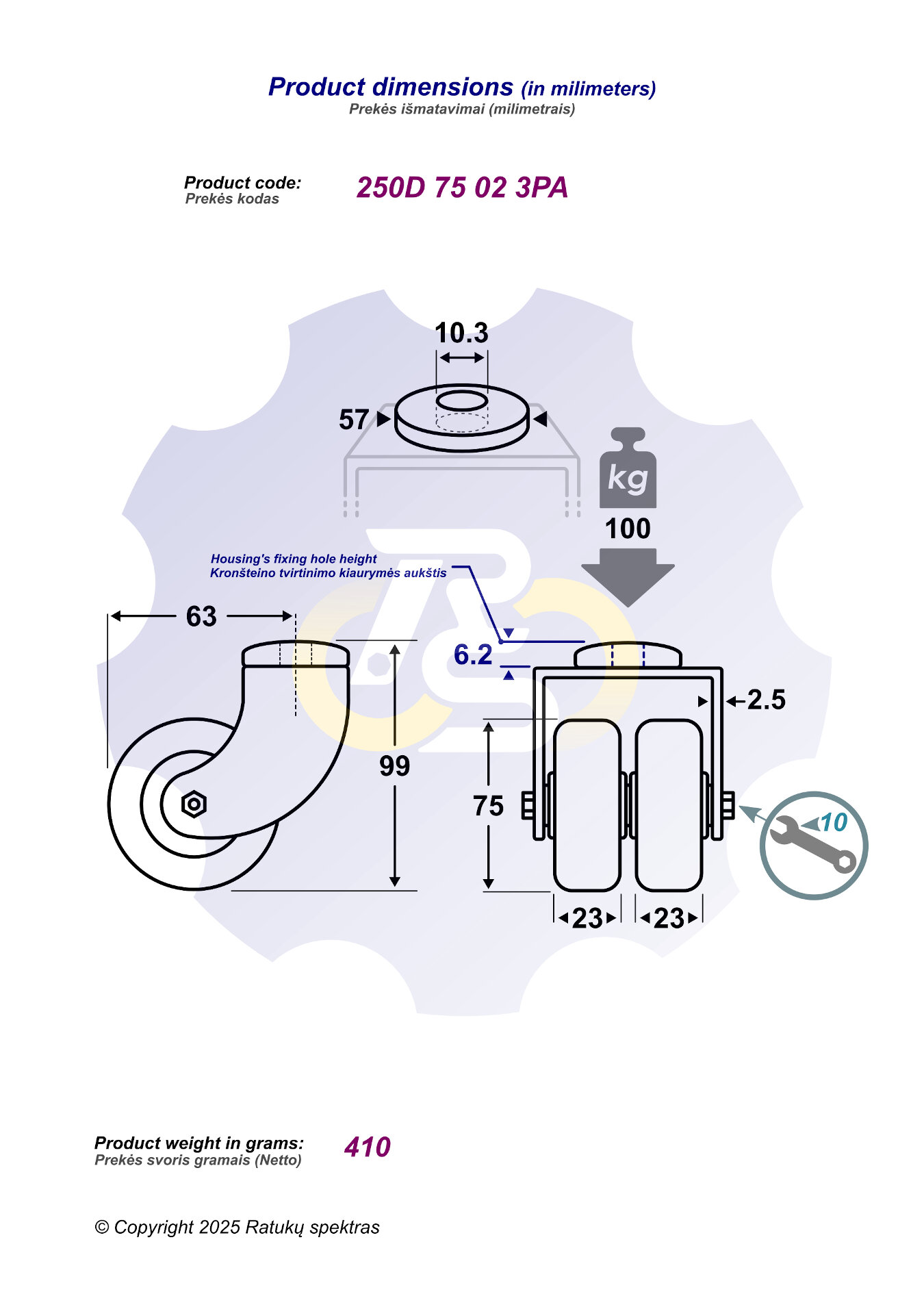D75 H99 100KG Pasukamas ratukas su kiauryme varžtui M8, M10 - Image 2