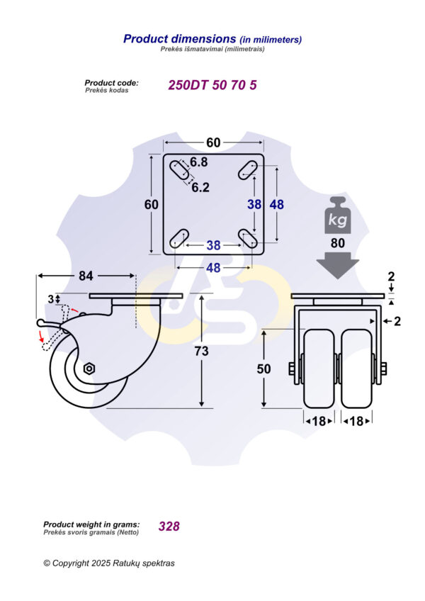 D50 H73 80KG Pasukamas ratukas su stabdžiu, su plokštele 60x60 - Image 2