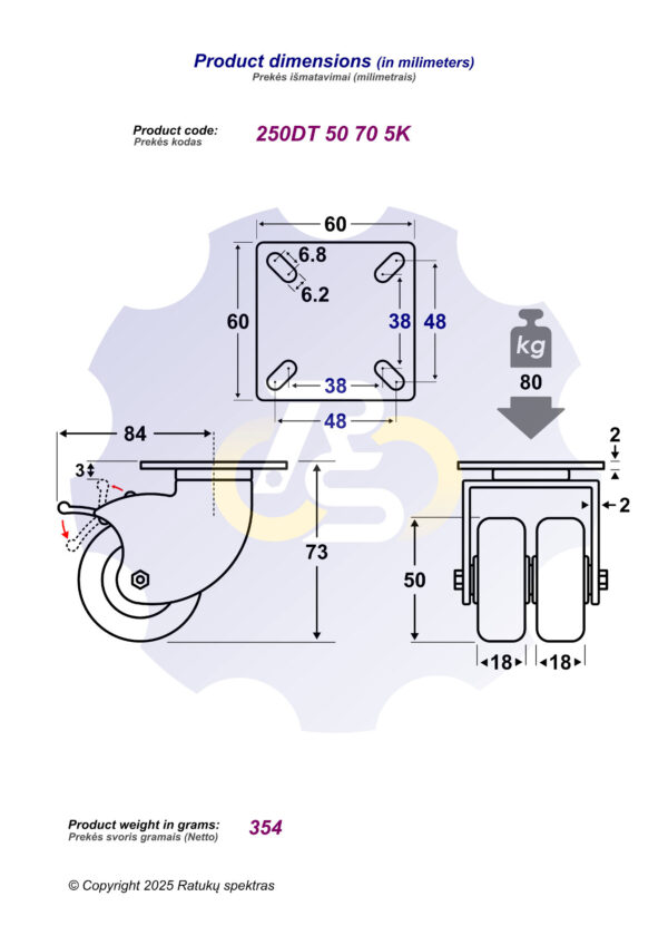 D50 H73 80KG Pasukamas ratukas su stabdžiu, su plokštele 60x60 - Image 2