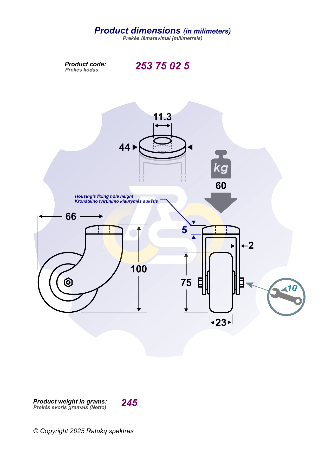 D75 H100 60KG Pasukamas ratukas su kiauryme varžtui M8, M10 - Image 2