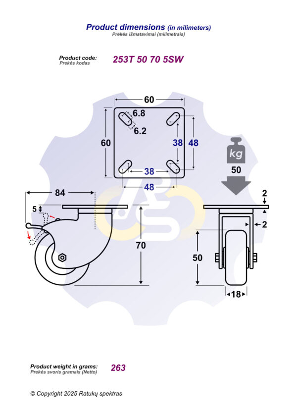 D50 H70 50KG Pasukamas ratukas su stabdžiu, su plokštele 60x60 - Image 2
