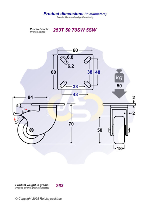 D50 H70 50KG Pasukamas ratukas su stabdžiu, su plokštele 60x60 - Image 2