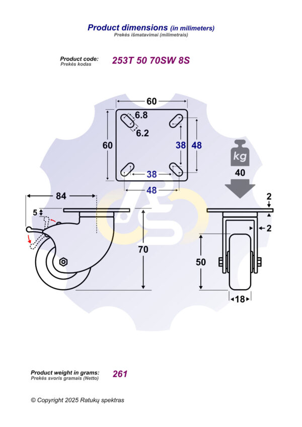 D50 H70 40KG Pasukamas ratukas su stabdžiu, su plokštele 60x60 - Image 2