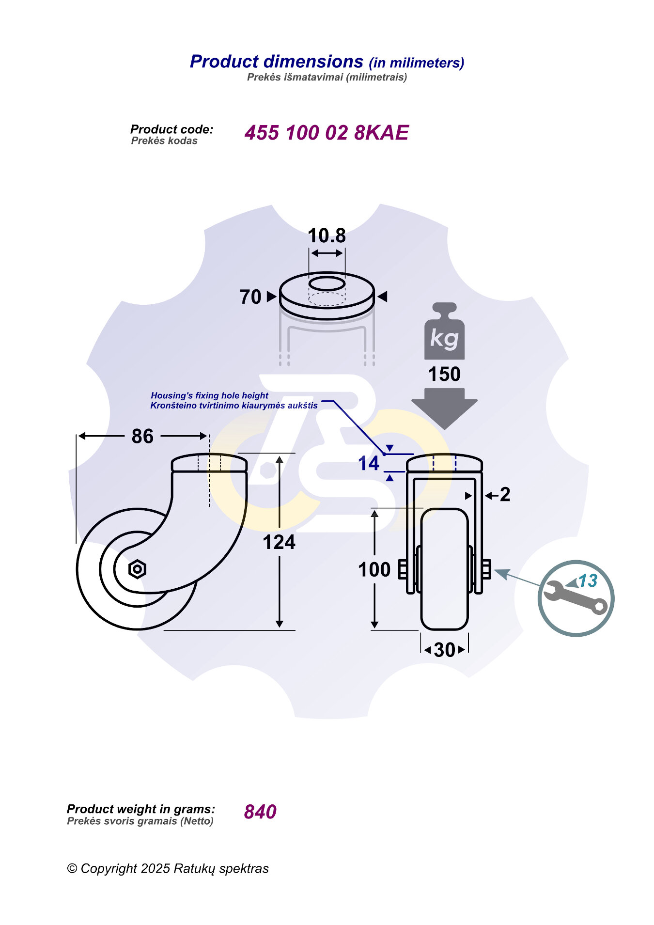 D100 H124 150KG Pasukamas ratukas su kiauryme varžtui M10 - Image 2