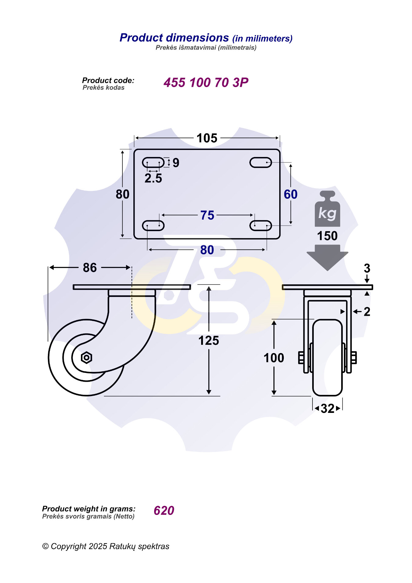 D100 H125 150KG Pasukamas ratukas su plokštele 105x80 - Image 2