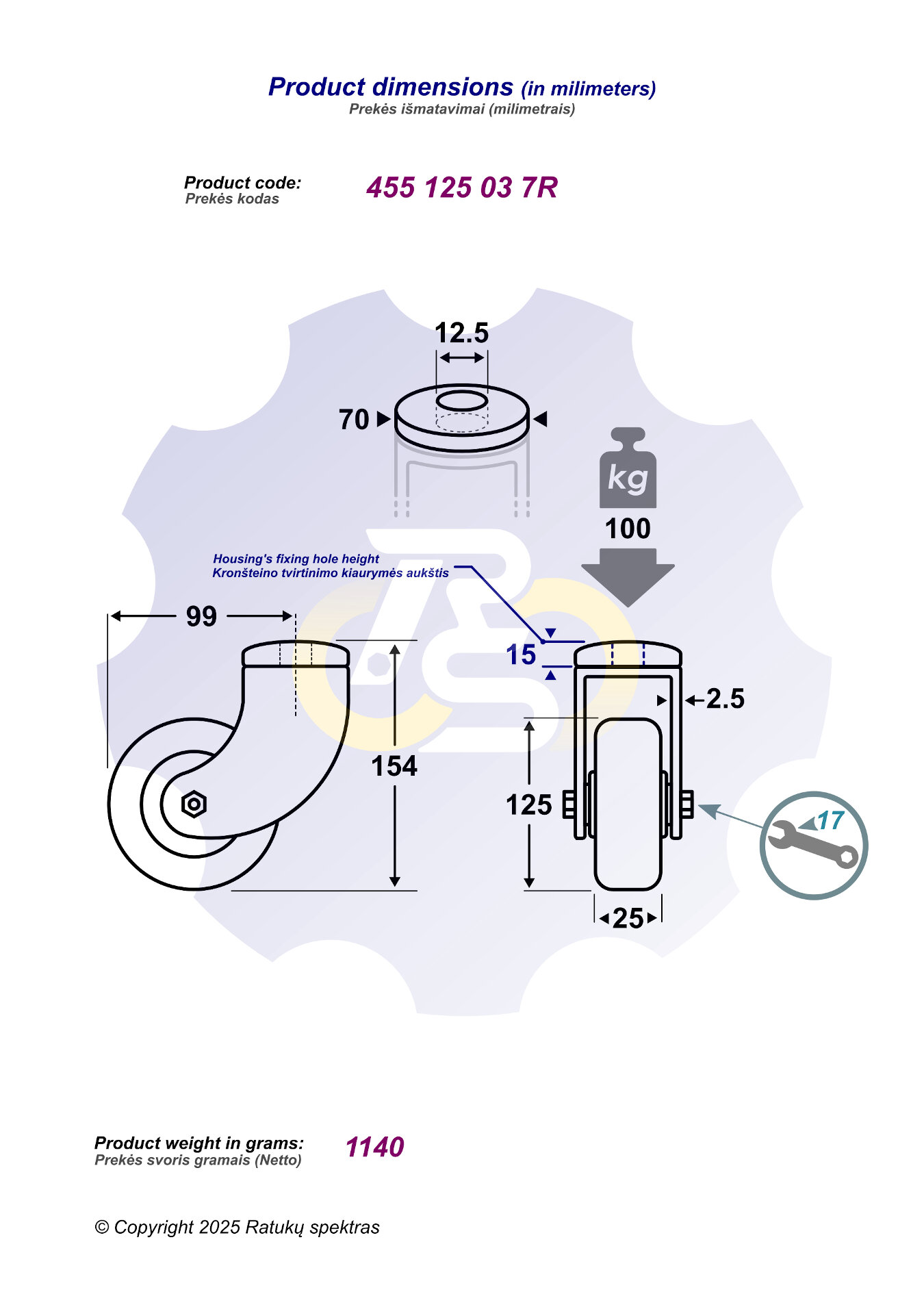 D125 H154 100KG Pasukamas ratukas su kiauryme varžtui M10, M12 - Image 2