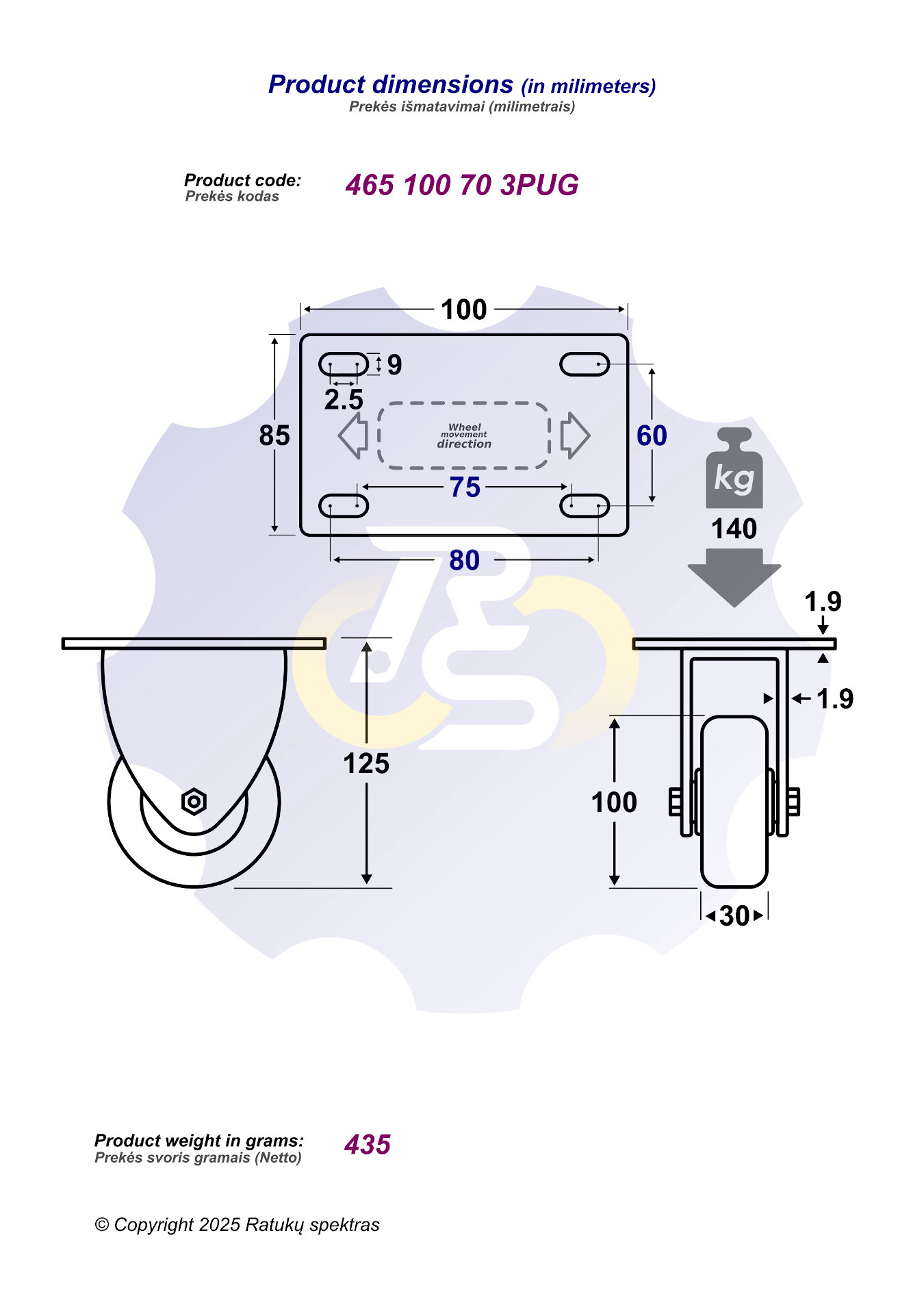 D100 H125 140KG Fiksuotas ratukas su plokštele 100x85 - Image 2