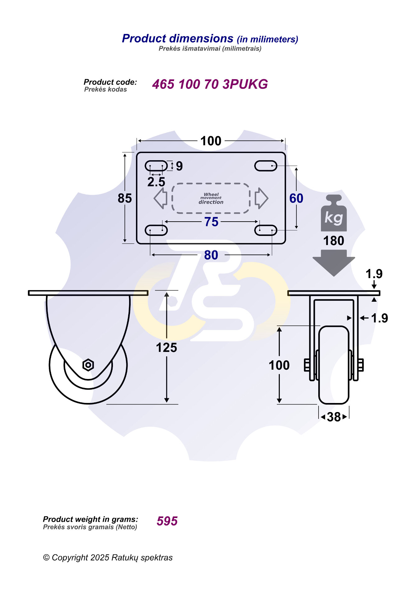 D100 H125 180KG Fiksuotas ratukas su plokštele 100x85 - Image 2