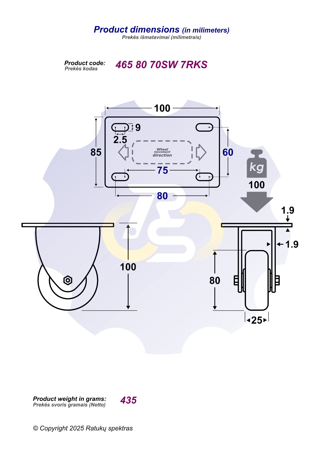 D80 H100 100KG Fiksuotas ratukas su plokštele 100x85 - Image 2