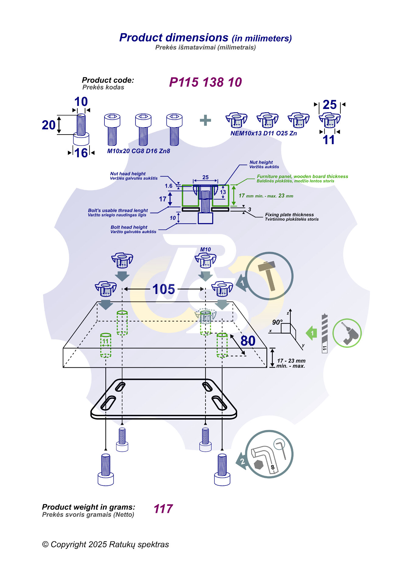 4 vienetai – M10x20 Zn Varžtas cilindrine galva + 4 vienetai – NEM10 x 13 Įkalama veržlė - Image 2