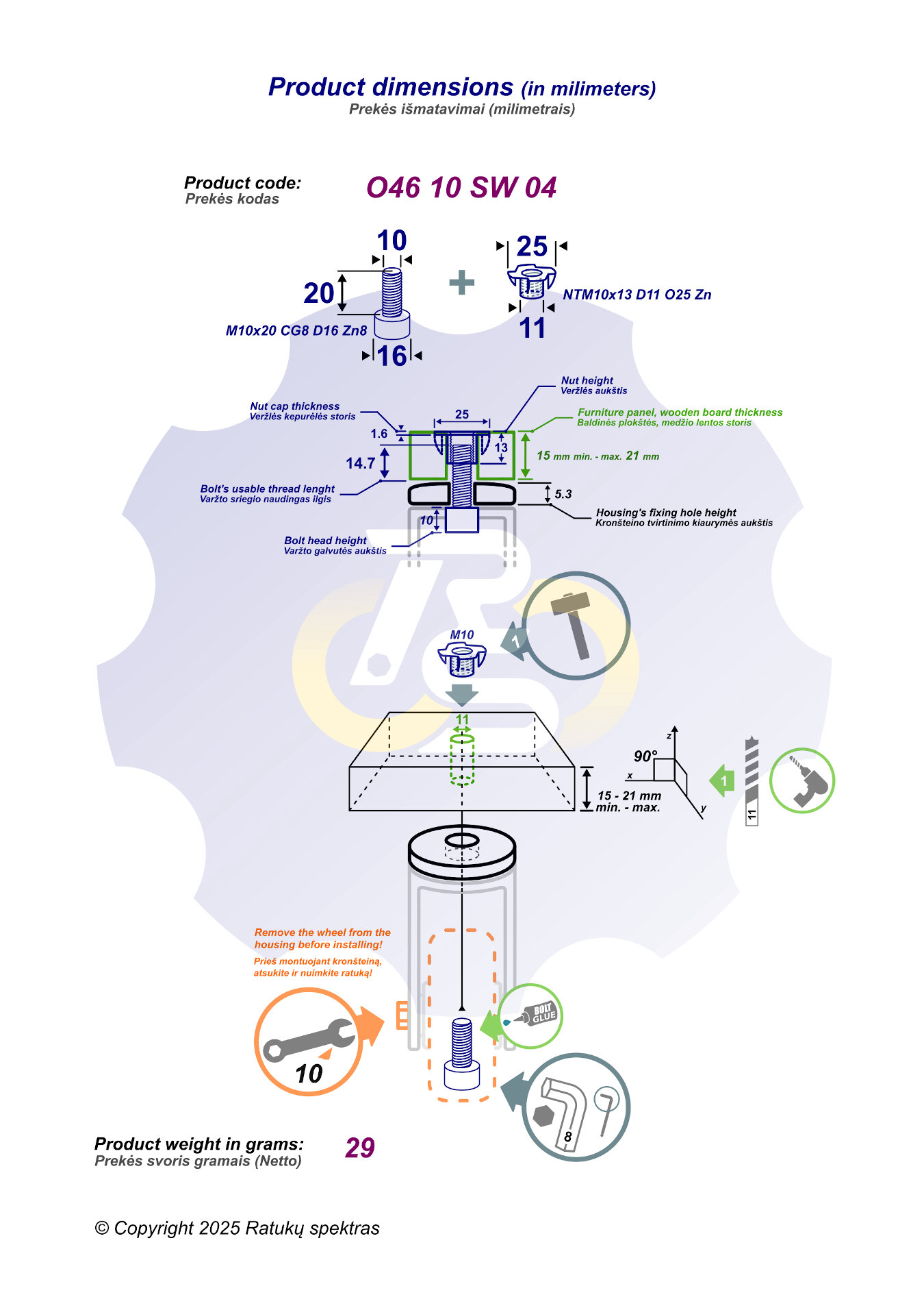 M10x20 Zn Varžtas cilindrine galva + NEM10 x 13 Zn Įkalama veržlė - Image 2
