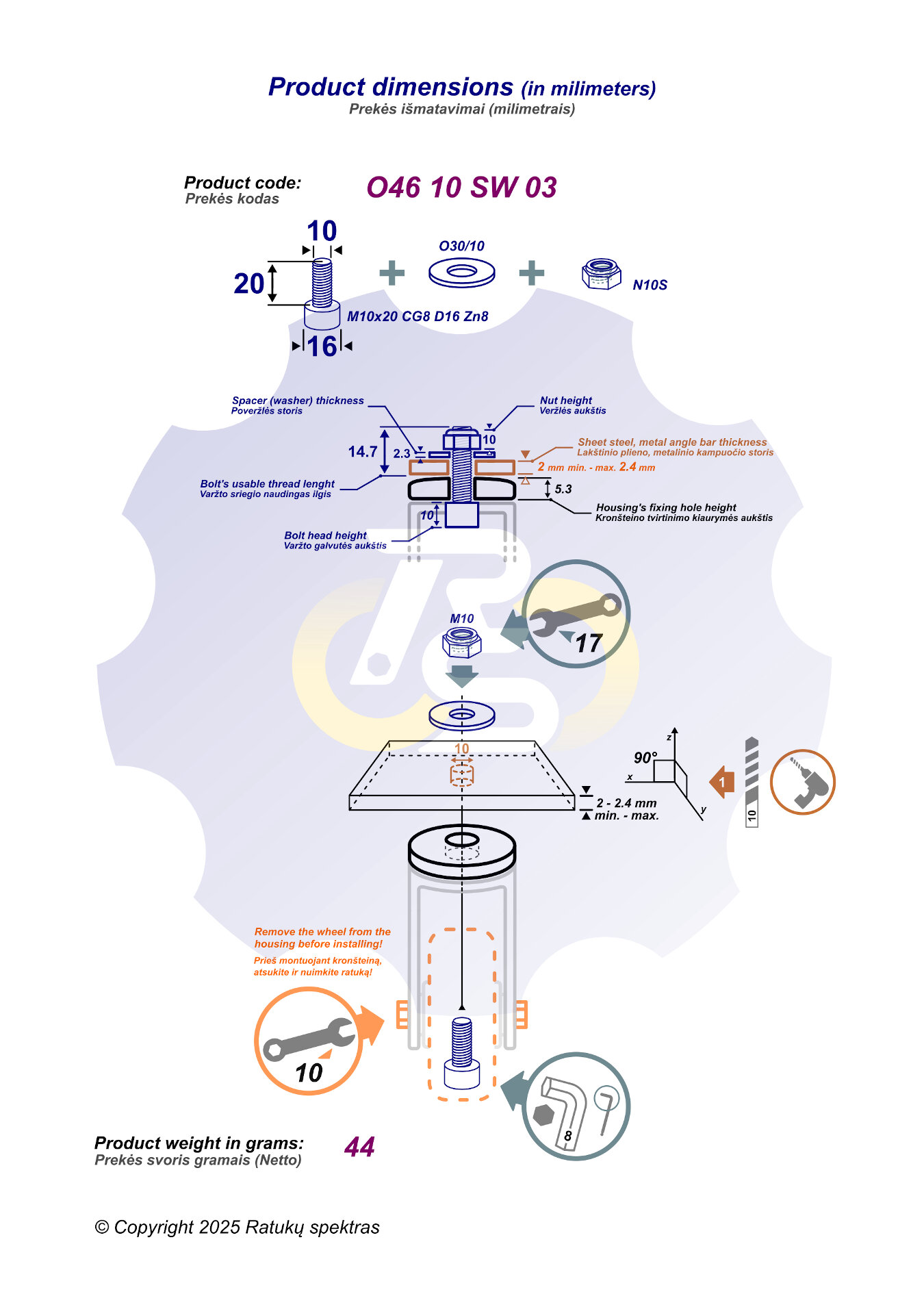 M10x20 Zn Varžtas cilindrine galva + O30/10 Poveržlė + N10S Veržlė - Image 2