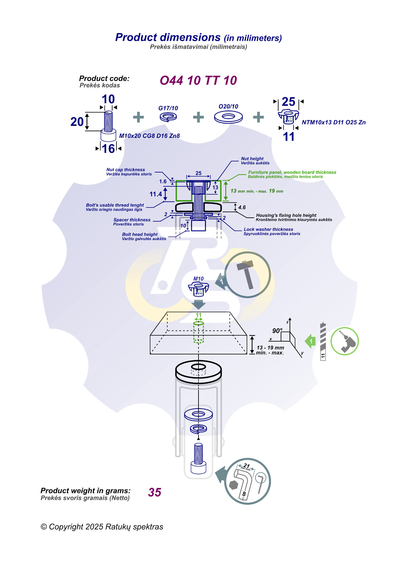 M10 x 20 Zn Varžtas cilindrine galva + spyruoklinė poveržlė + poveržlė + NEM10 x 13 Įkalama veržlė - Image 2