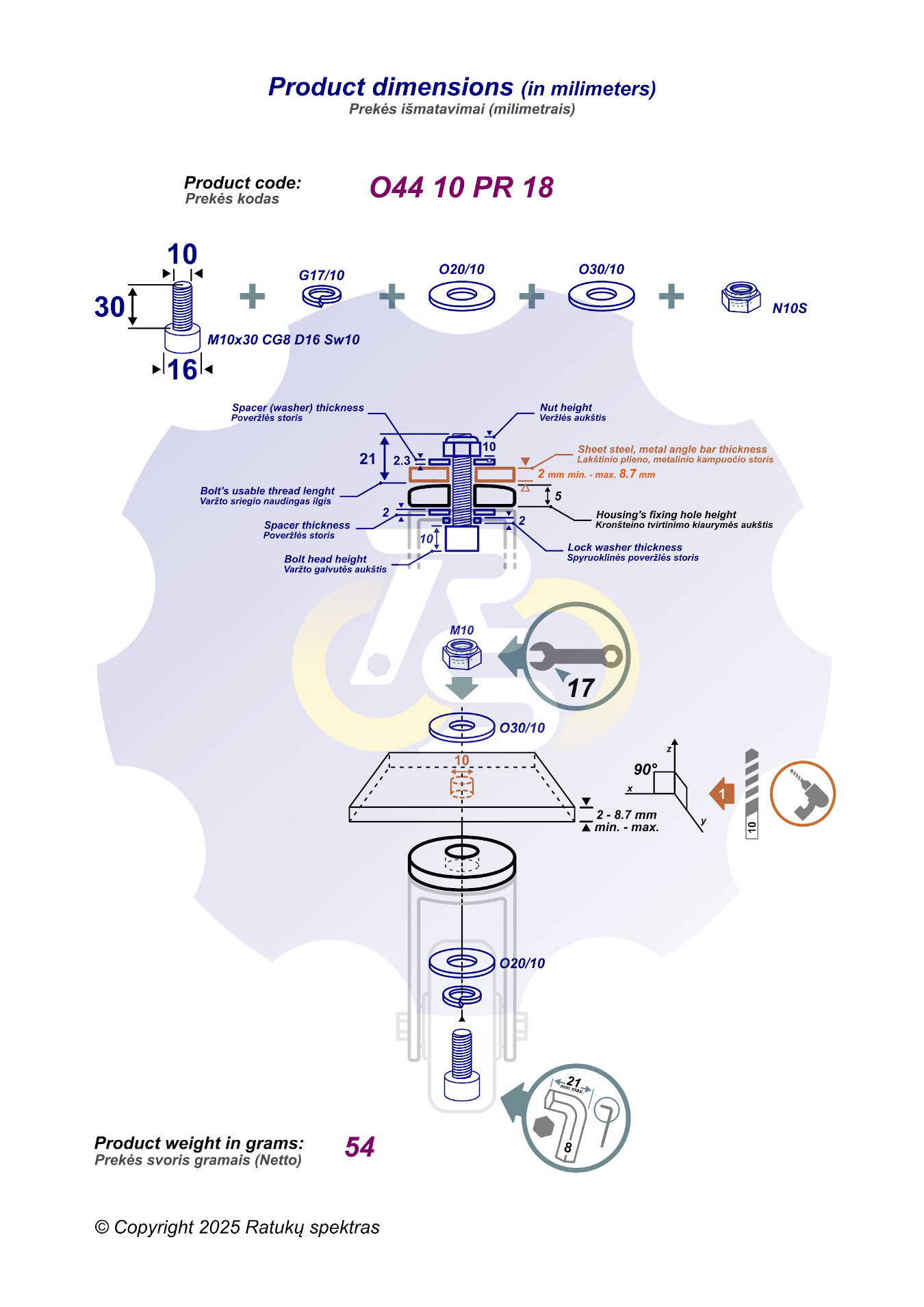 M10 x 30 Sw Varžtas cilindrine galva + spyruoklinė poveržlė + poveržlė + O30/10 poveržlė + N10S Veržlė - Image 2