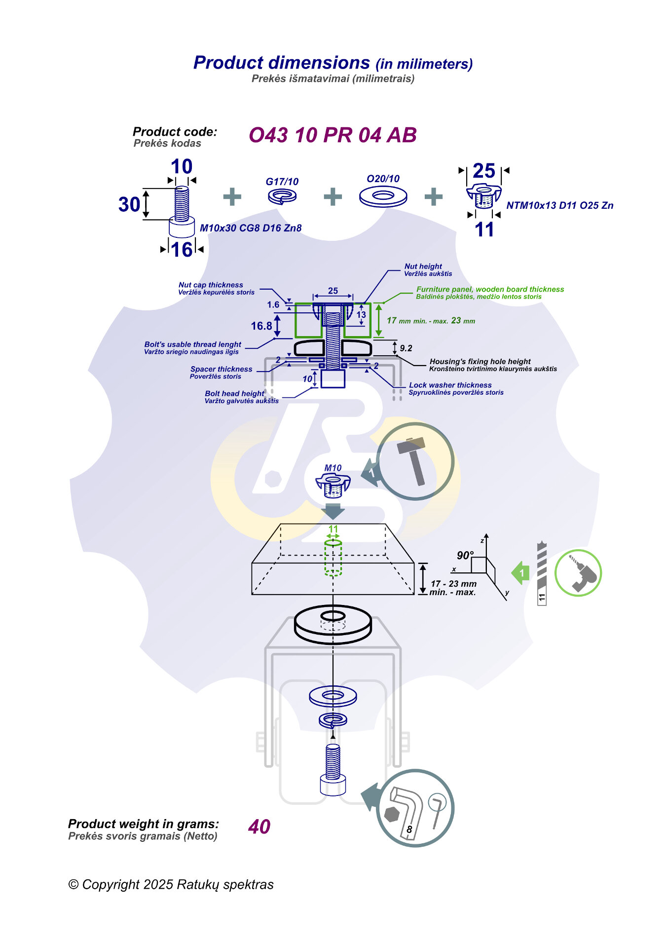 M10 x 30 Zn Varžtas cilindrine galva + spyruoklinė poveržlė + poveržlė + NEM10 x 13 Įkalama veržlė - Image 2