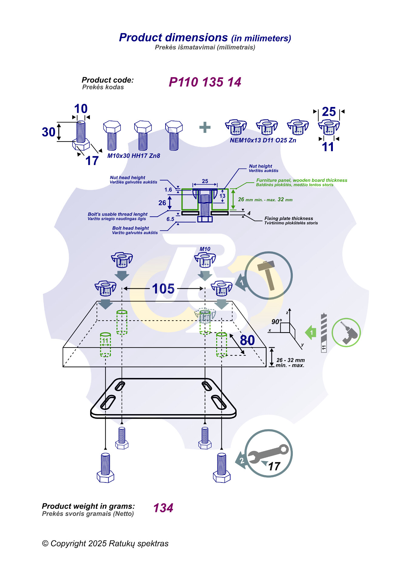 4 vienetai – M10x30 Zn Varžtas šešiakampe galva + 4 vienetai – NEM10 x 13 Įkalama veržlė - Image 2