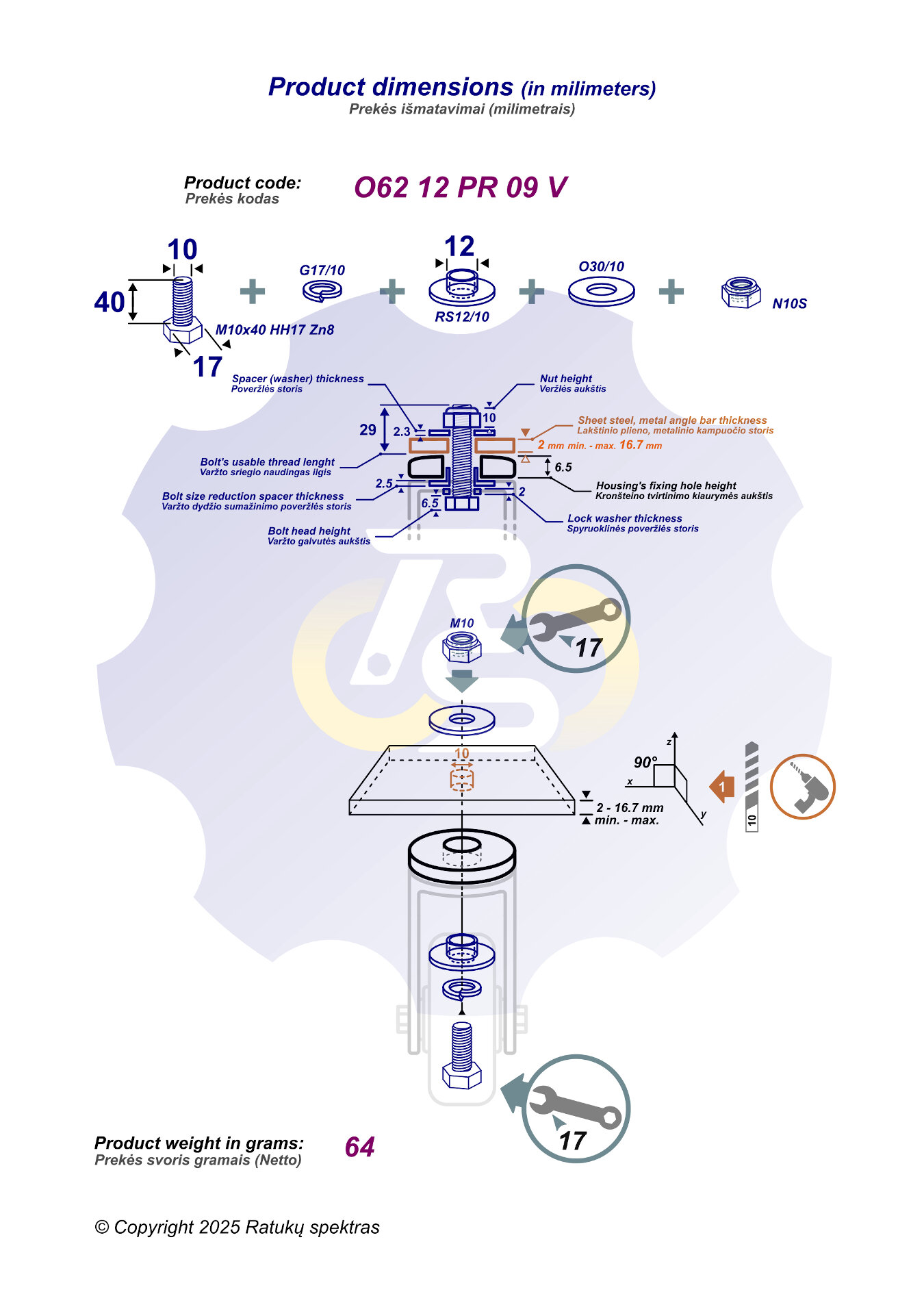 M10 x 40 Zn Varžtas šešiakampe galva + spyruoklinė poveržlė + kiaurymės sumažinimo įvorė + O30/10 poveržlė + N10S Veržlė - Image 2