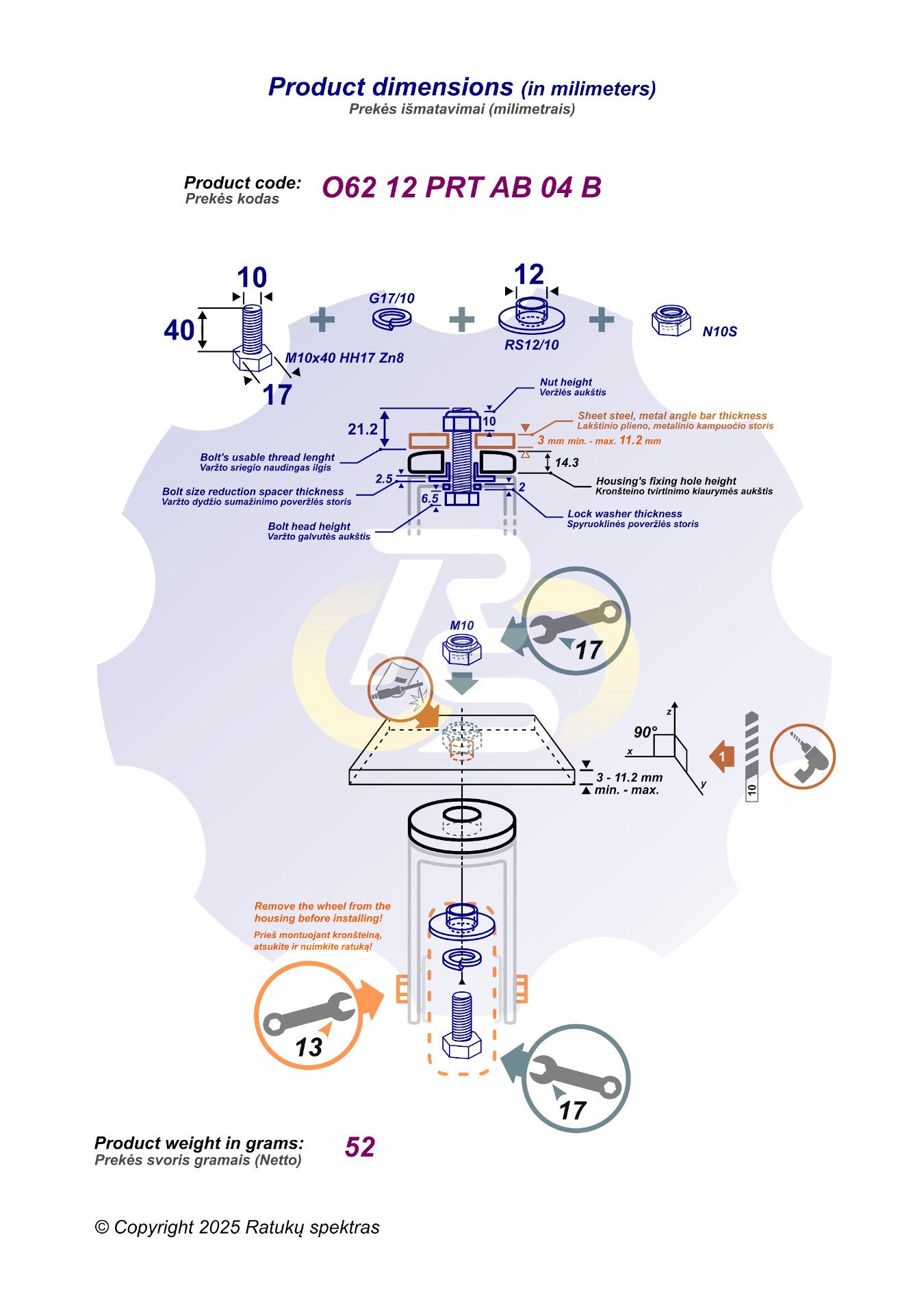 M10 x 40 Zn Varžtas šešiakampe galva + spyruoklinė poveržlė + kiaurymės sumažinimo įvorė + N10S Veržlė - Image 2