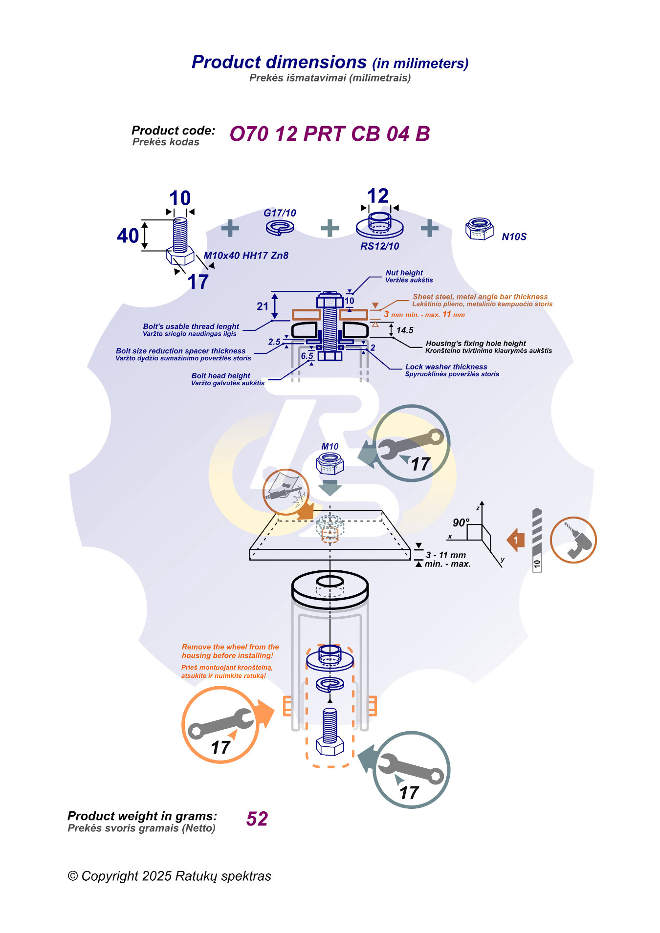 M10 x 40 Zn Varžtas šešiakampe galva + spyruoklinė poveržlė + kiaurymės sumažinimo įvorė + N10S Veržlė - Image 2