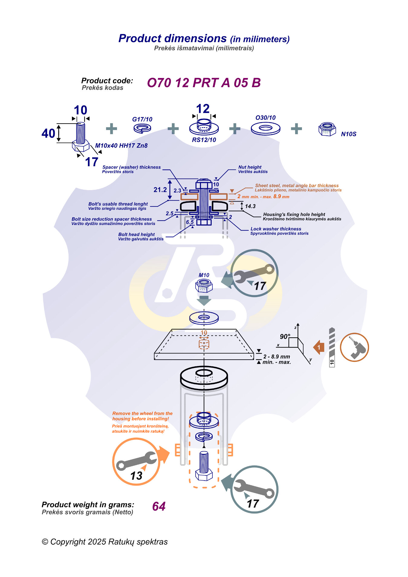 M10 x 40 Zn Varžtas šešiakampe galva + spyruoklinė poveržlė + kiaurymės sumažinimo įvorė + O30/10 poveržlė + N10S Veržlė - Image 2