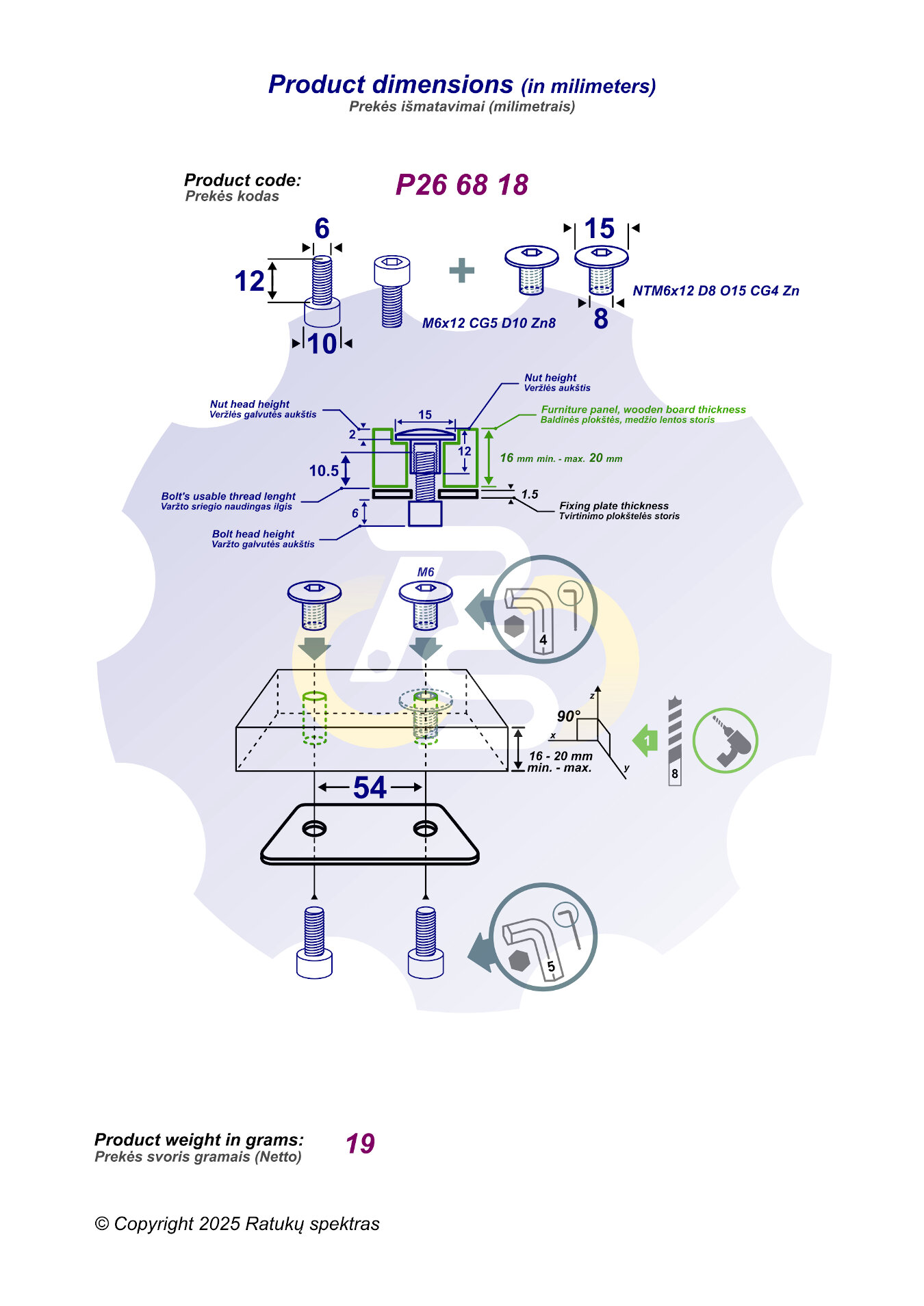 2 vienetai – M6 x 12 Zn Varžtas, cilindrine galva + 2 vienetai – NTM6 x 12 Zn T-formos veržlė - Image 2