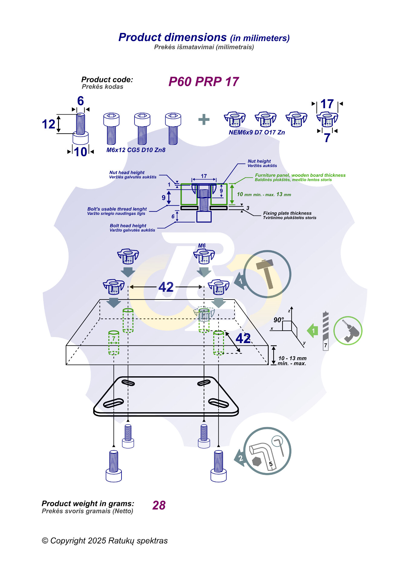 4 vienetai – M6 x 12 Zn Varžtas, cilindrine galva + 4 vienetai – NEM6x9 Įkalama veržlė - Image 2