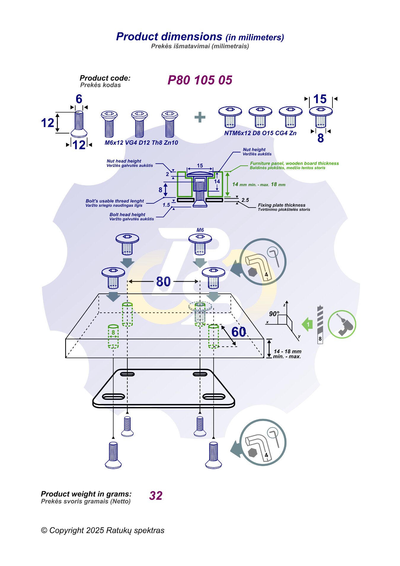 4 vienetai – M6 x 12 Zn Varžtas įleidžiama galva + 4 vienetai – NTM6 x 12 Zn T-formos veržlė - Image 2