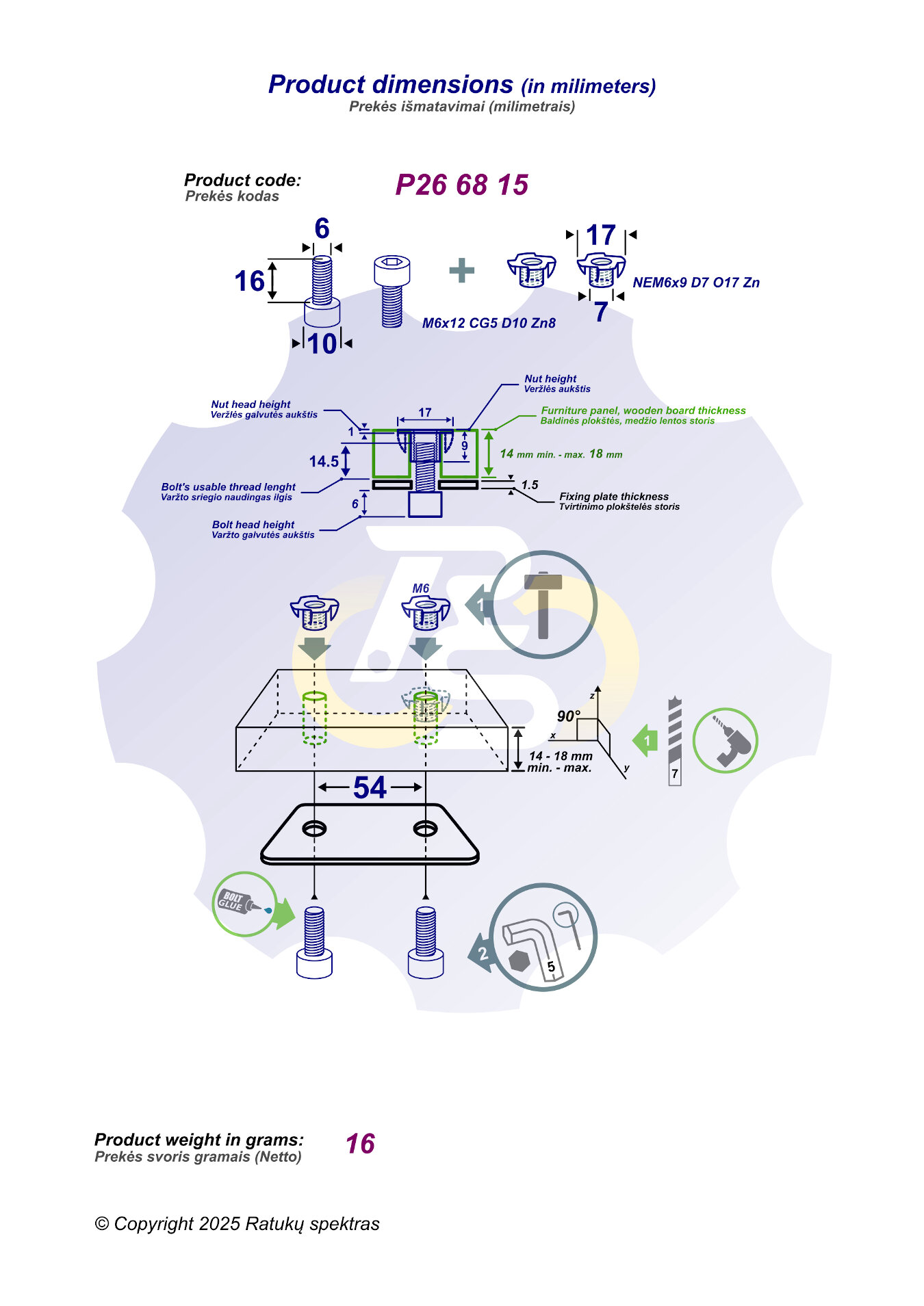 2 vienetai – M6 x 16 Zn Varžtas, cilindrine galva + 2 vienetai – NEM6x9 Įkalama veržlė - Image 2