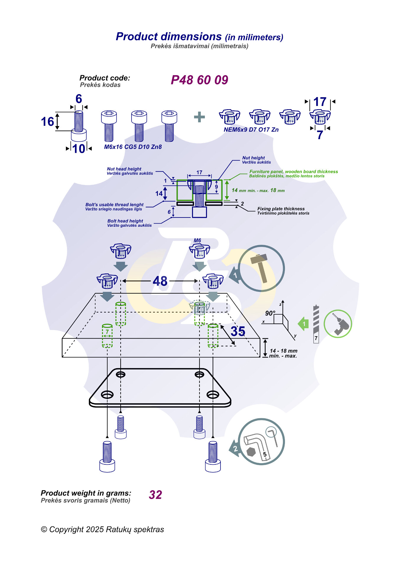 4 vienetai – M6 x 16 Zn Varžtas, cilindrine galva + 4 vienetai – NEM6x9 Įkalama veržlė - Image 2
