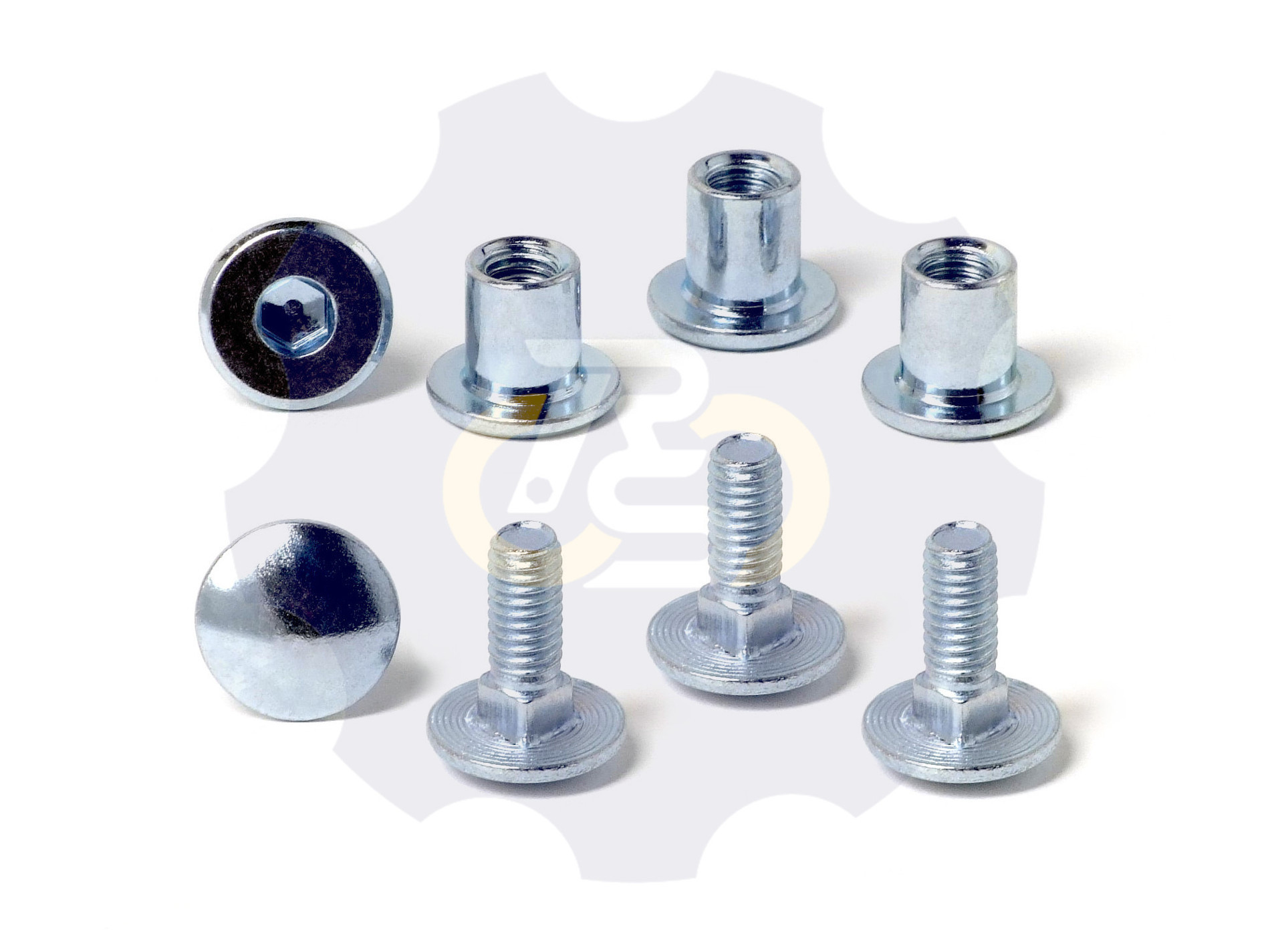 4 vienetai – M6 x 16 Zn5 Varžtas, kupolo galva + 4 vienetai – NTM6 x 10 mm Zn T-formos veržlė