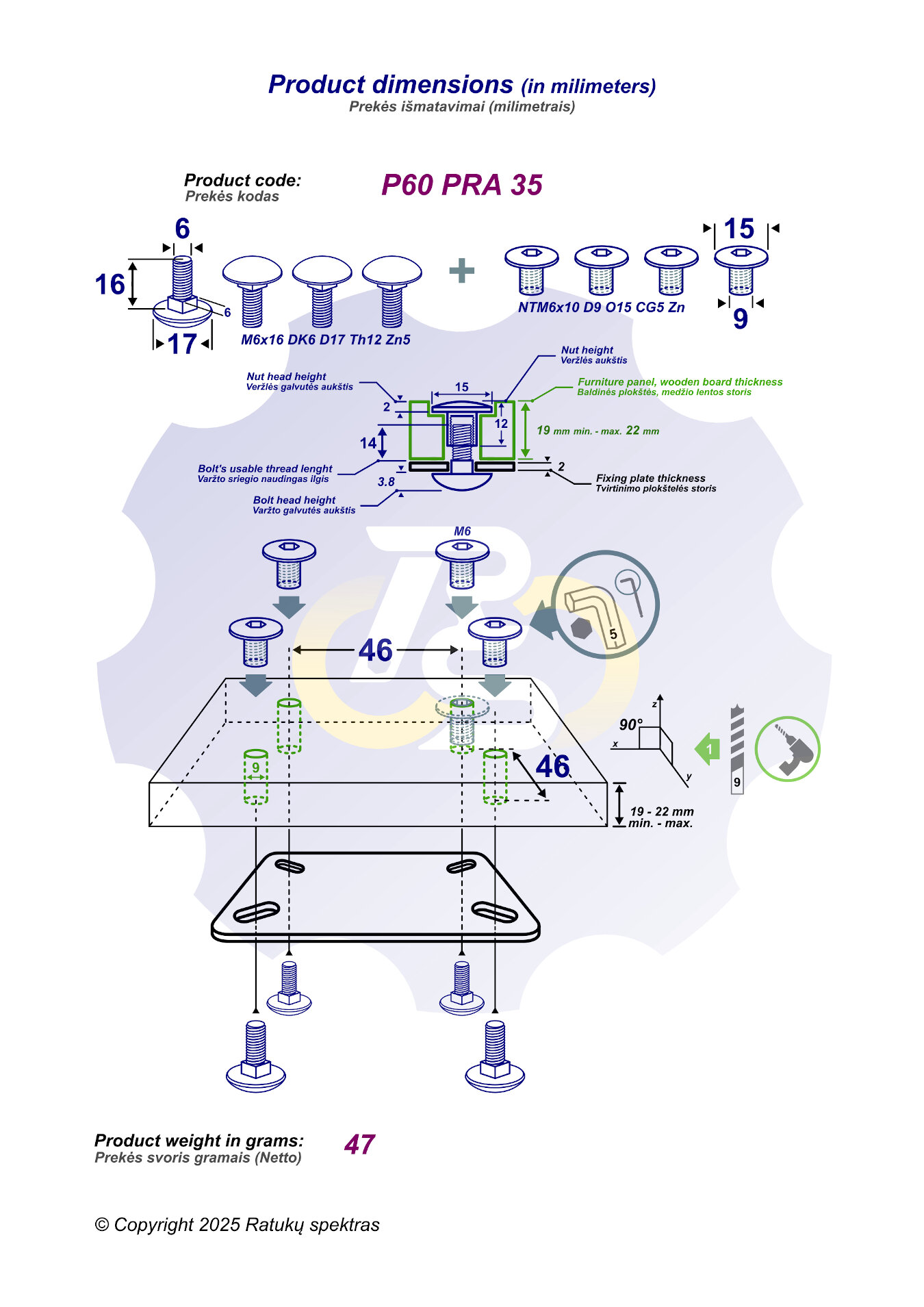 4 vienetai – M6 x 16 Zn5 Varžtas, kupolo galva + 4 vienetai – NTM6 x 10 mm Zn T-formos veržlė - Image 2