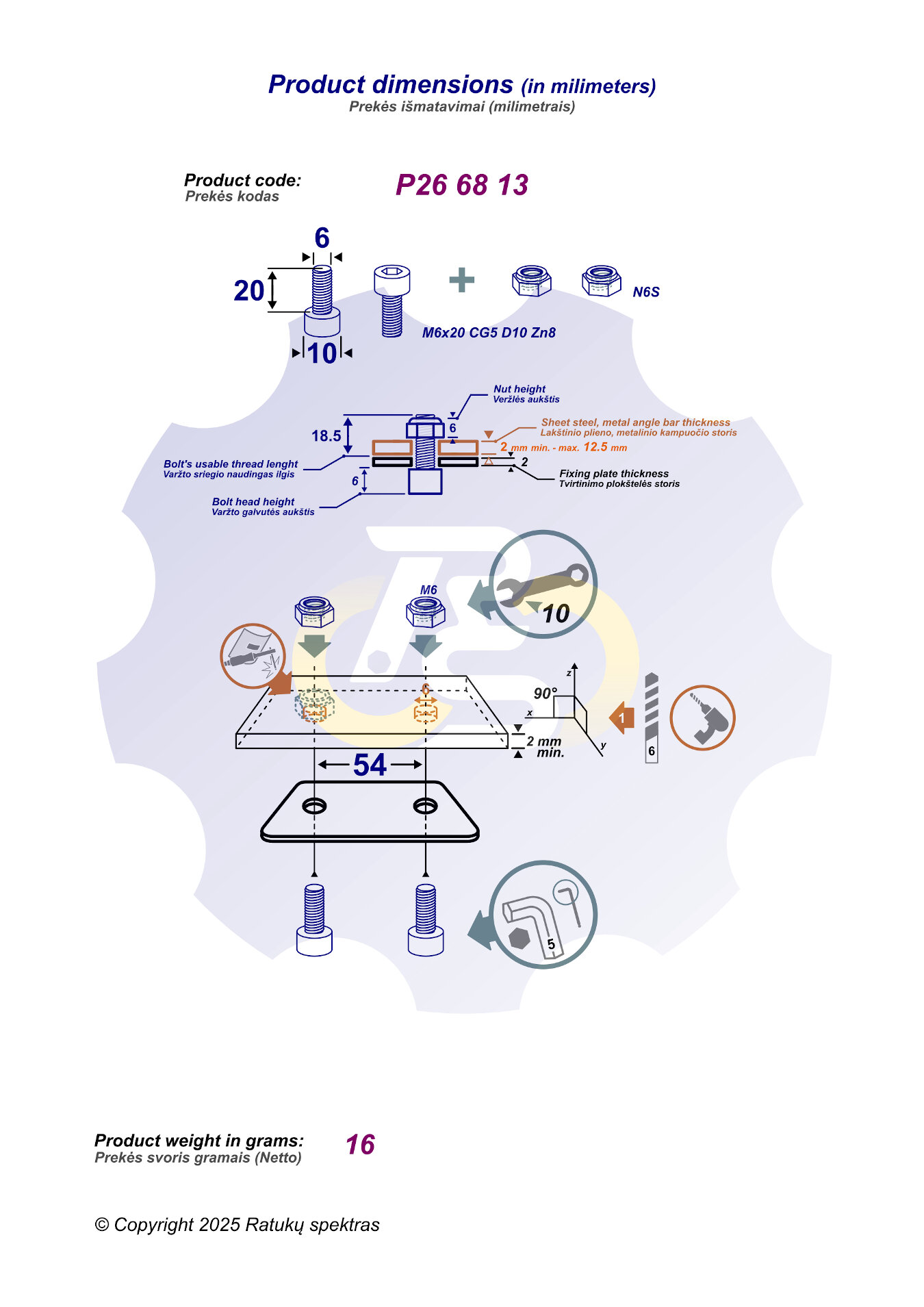 2 vienetai – M6 x 20 Zn Varžtas, cilindrine galva. + 2 vienetai – N6S Veržlė - Image 2