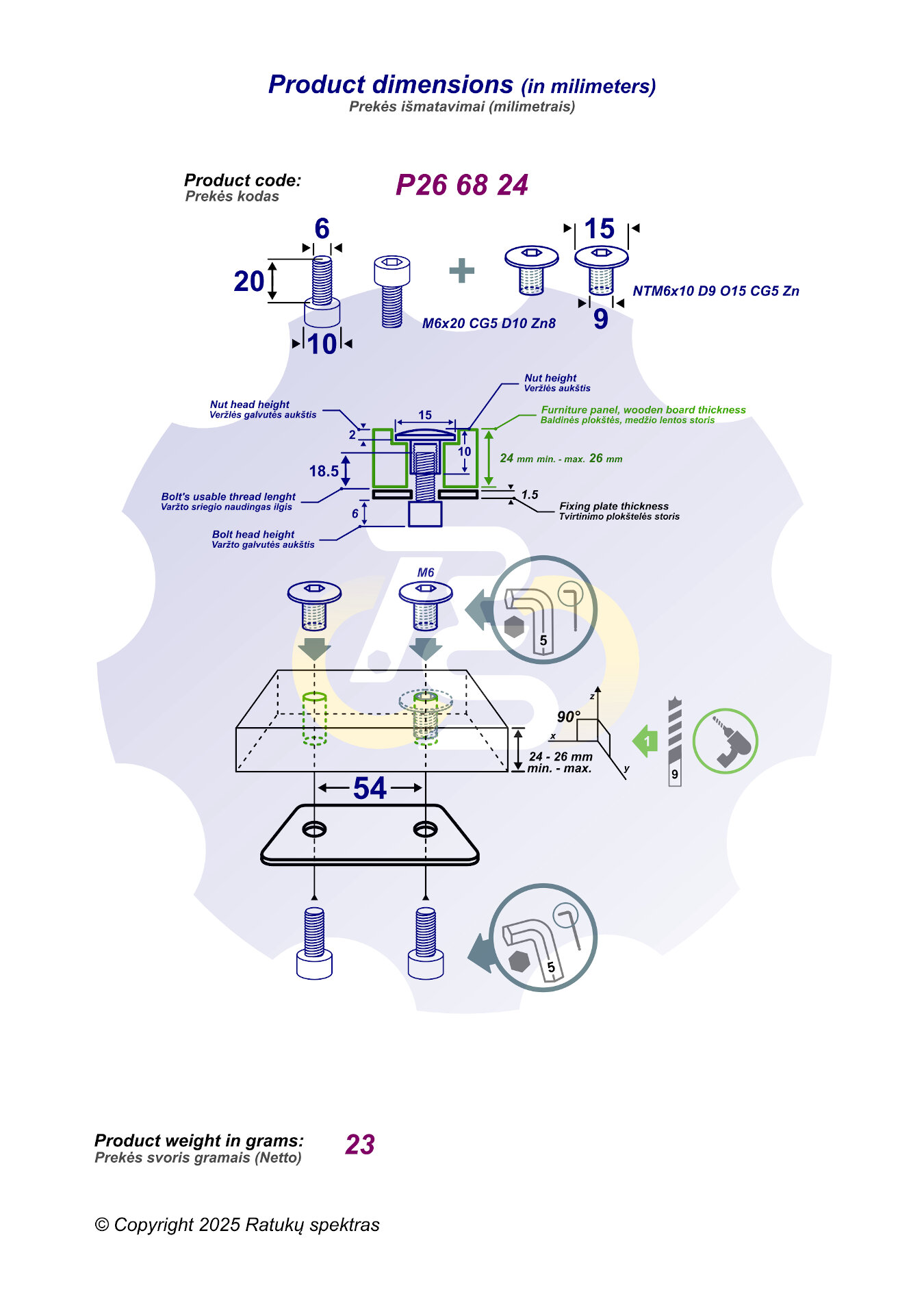 2 vienetai – M6 x 20 Zn Varžtas, cilindrine galva + 2 vienetai – NTM6 x 10 mm Zn T-formos veržlė - Image 2