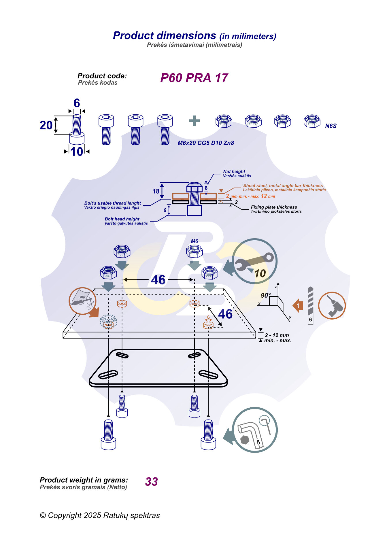 4 vienetai – M6 x 20 Zn Varžtas, cilindrine galva + 4 vienetai – N6S Veržlė - Image 2