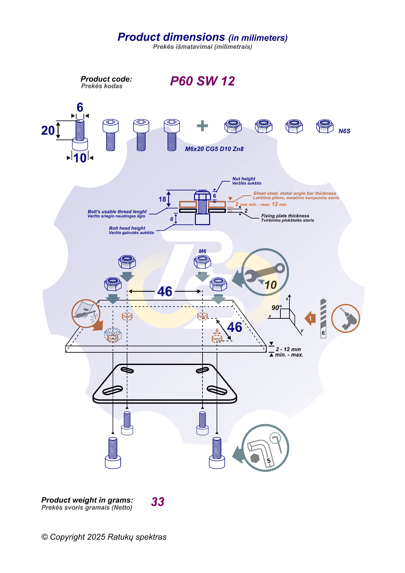 4 vienetai – M6 x 20 Zn Varžtas, cilindrine galva + 4 vienetai – N6S Veržlė - Image 2