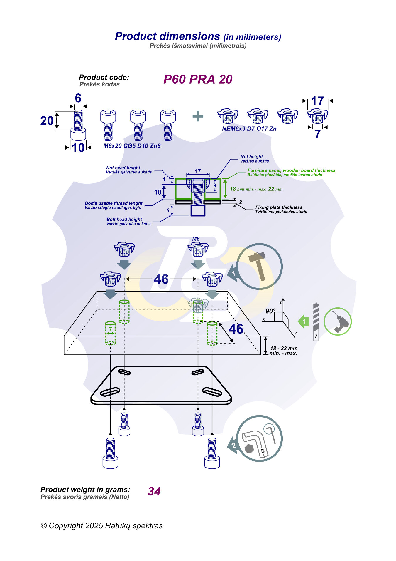 4 vienetai – M6 x 20 Zn Varžtas, cilindrine galva + 4 vienetai – NEM6x9 Įkalama veržlė - Image 2