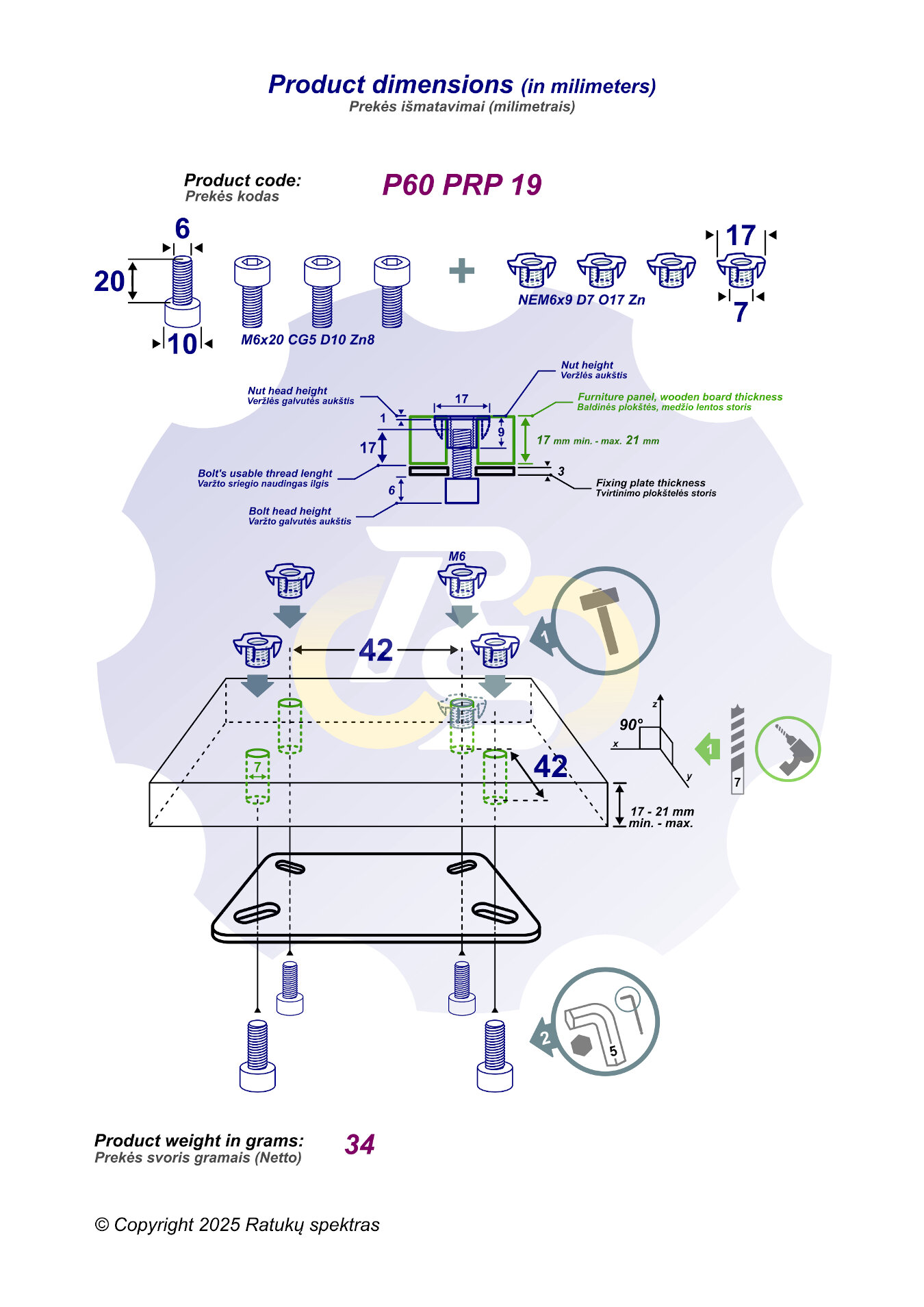 4 vienetai – M6 x 20 Zn Varžtas, cilindrine galva + 4 vienetai – NEM6x9 Įkalama veržlė - Image 2