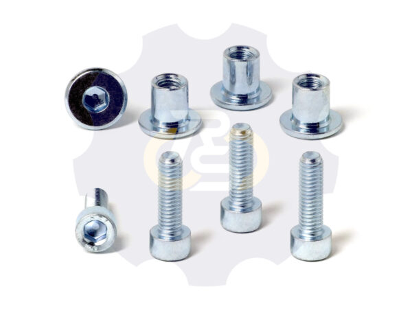 4 vienetai – M6 x 20 Zn Varžtas, cilindrine galva + 4 vienetai – NTM6 x 10 mm Zn T-formos veržlė