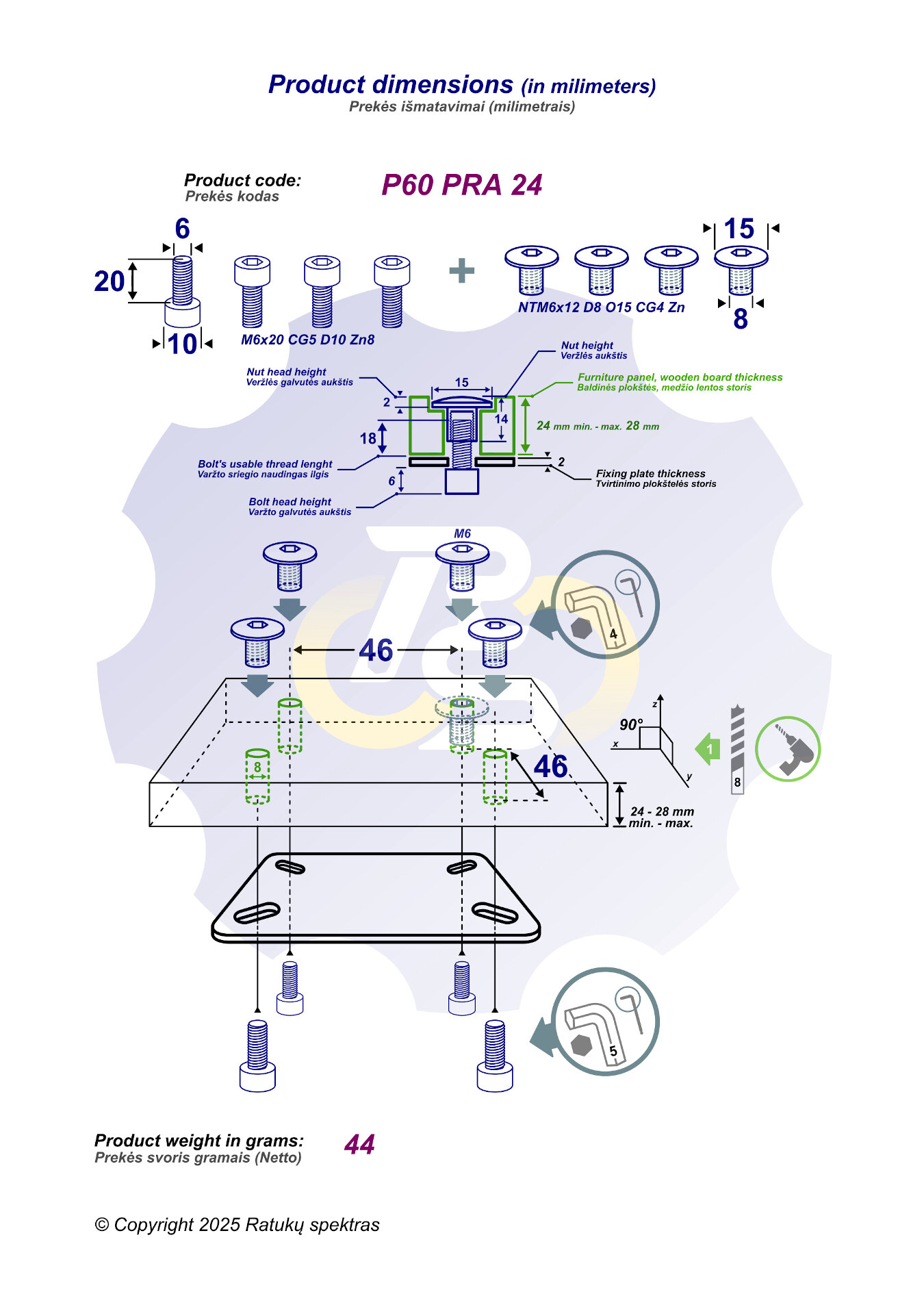4 vienetai – M6 x 20 Zn Varžtas, cilindrine galva + 4 vienetai – NTM6 x 12 Zn T-formos veržlė - Image 2