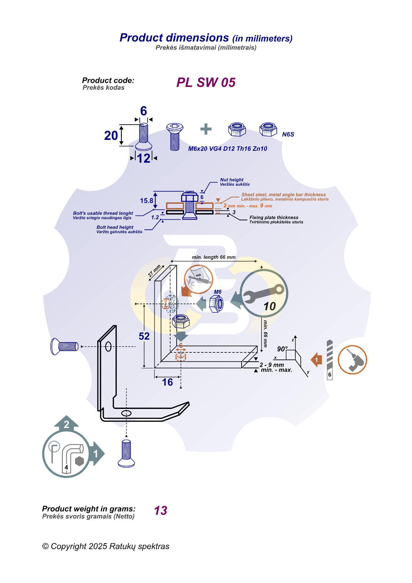 2 vienetai – M6 x 20 Zn Varžtas įleidžiama galva + 2 vienetai – N6S Veržlė - Image 2