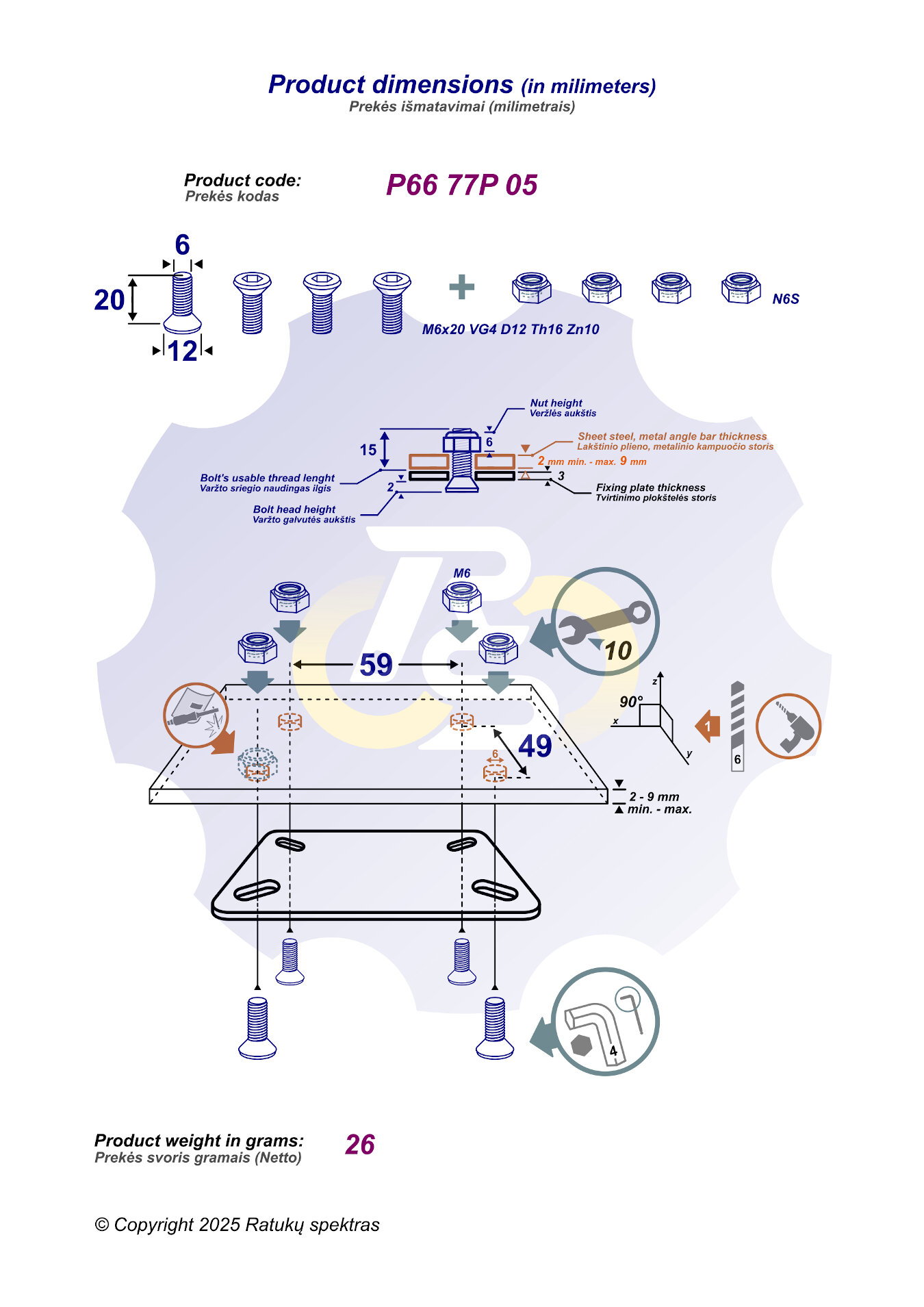 4 vienetai – M6 x 20 Zn Varžtas įleidžiama galva + 4 vienetai – N6S Veržlė - Image 2