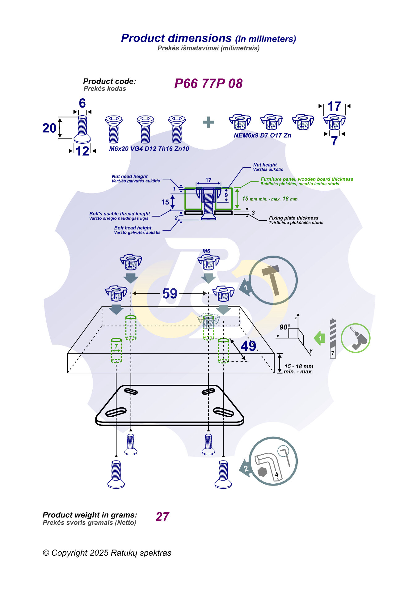 4 vienetai – M6 x 20 Zn Varžtas įleidžiama galva + 4 vienetai – NEM6x9 Įkalama veržlė - Image 2