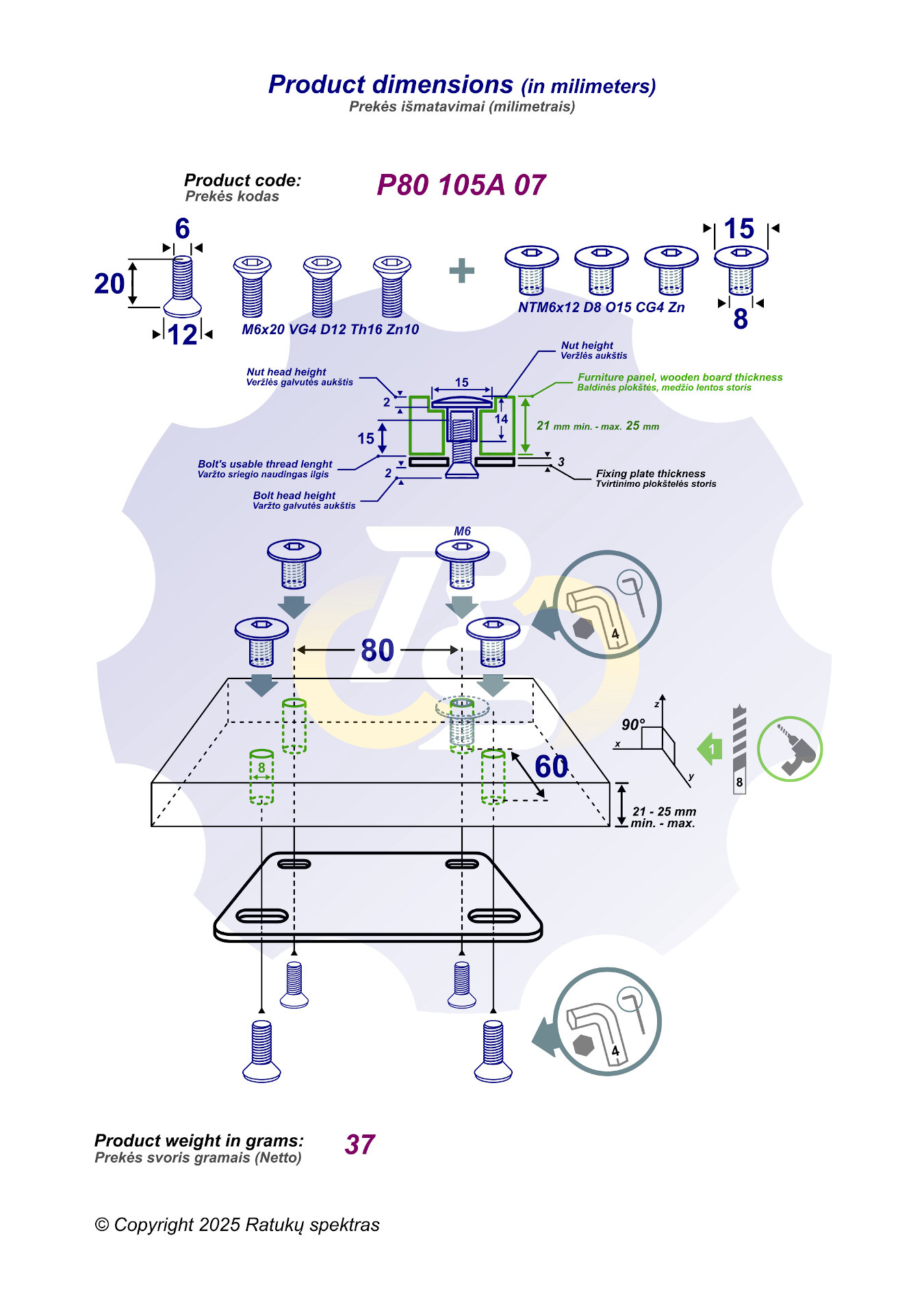 4 vienetai – M6 x 20 Zn Varžtas įleidžiama galva + 4 vienetai – NTM6 x 12 Zn T-formos veržlė - Image 2