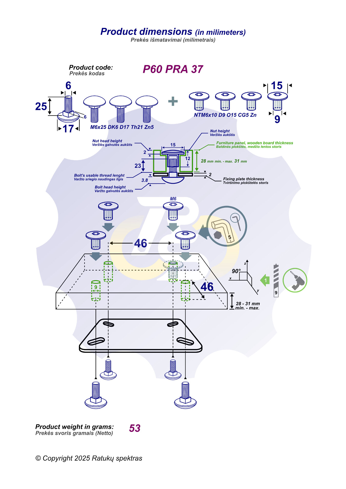 4 vienetai – M6 x 25 Zn5 Varžtas, kupolo galva + 4 vienetai – NTM6 x 10 mm Zn T-formos veržlė - Image 2
