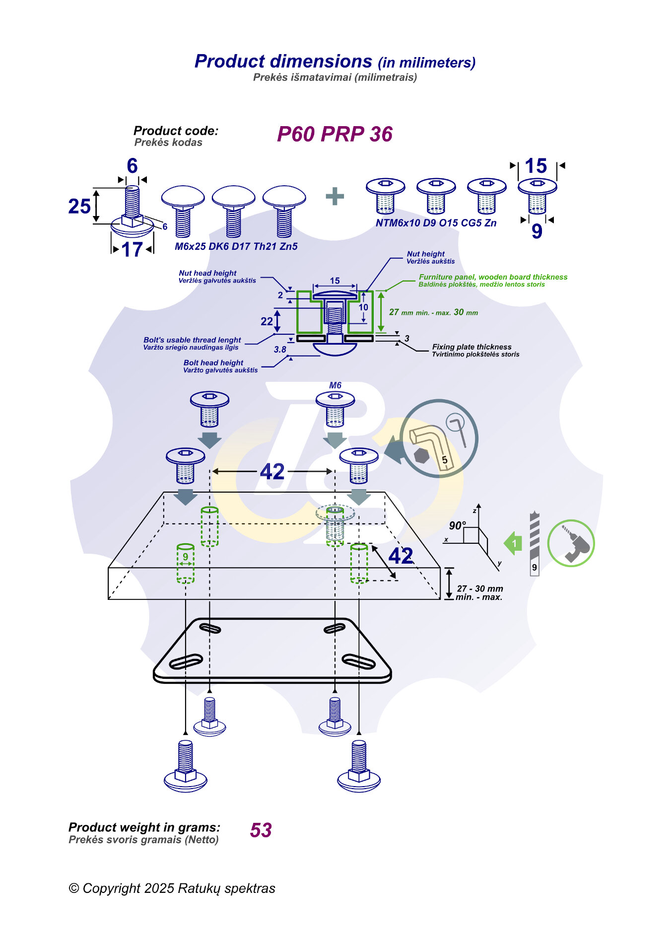 4 vienetai – M6 x 25 Zn5 Varžtas, kupolo galva + 4 vienetai – NTM6 x 10 mm Zn T-formos veržlė - Image 2