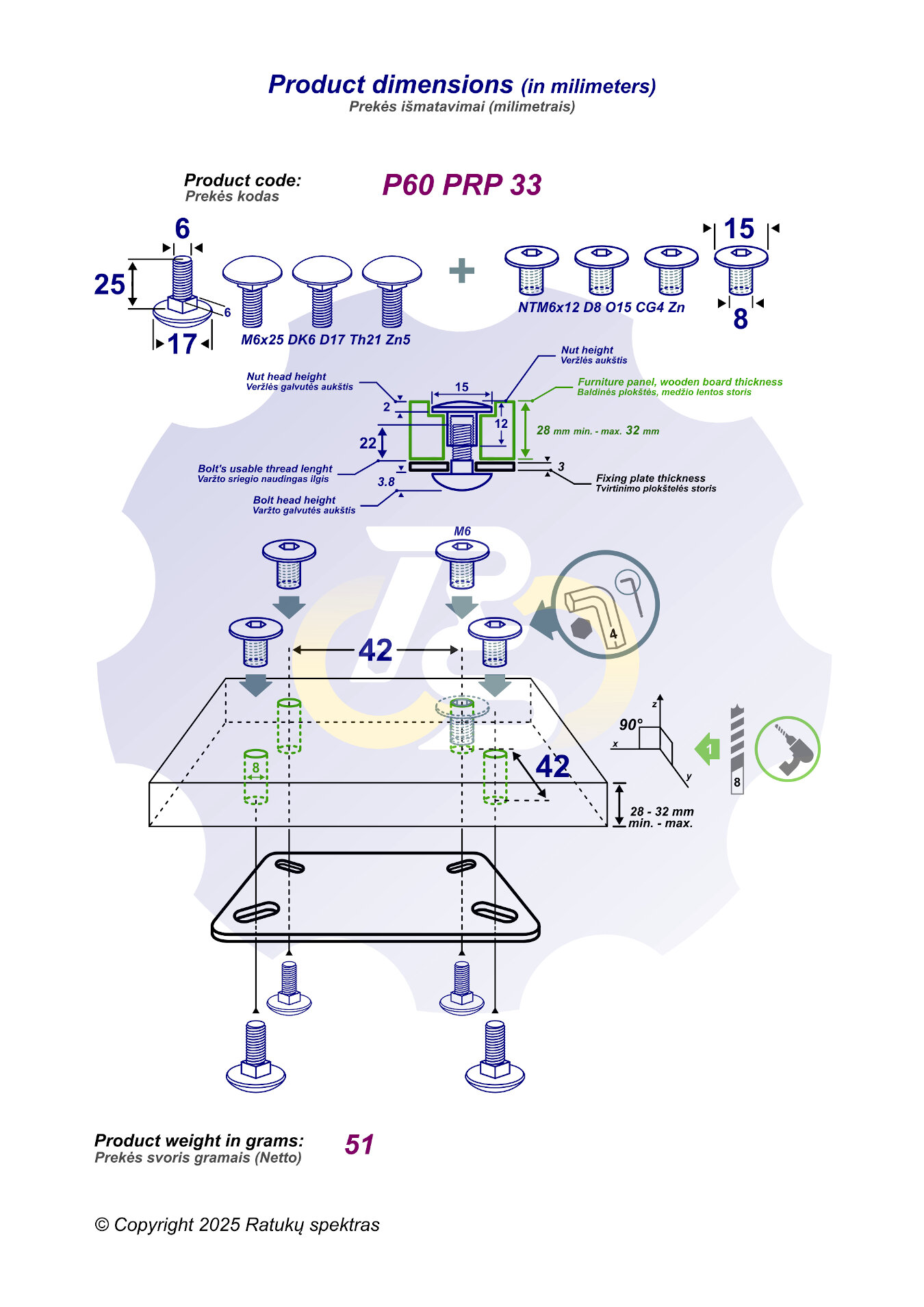 4 vienetai – M6 x 25 Zn5 Varžtas, kupolo galva + 4 vienetai – NTM6 x 12 Zn T-formos veržlė - Image 2