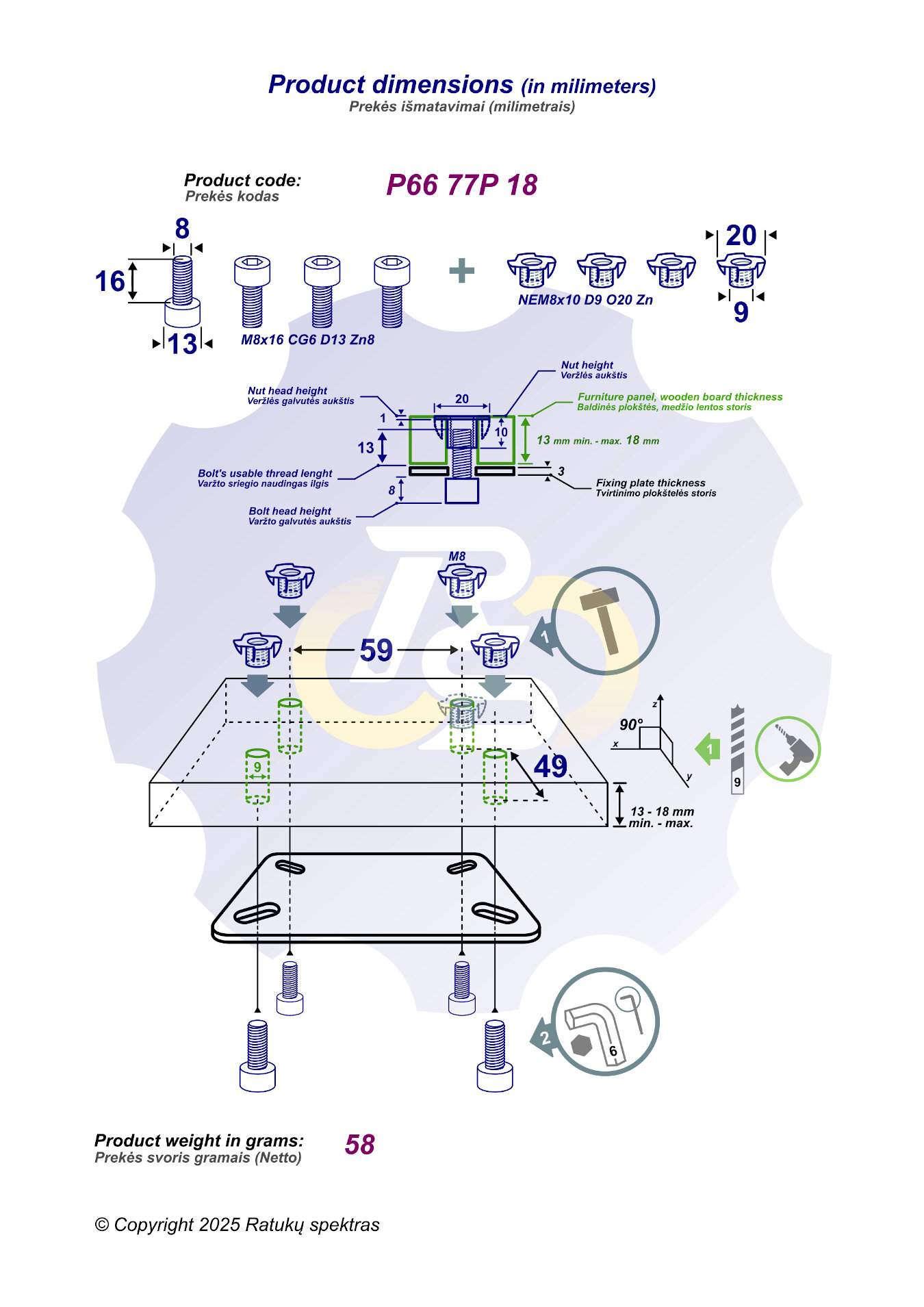 4 vienetai – M8x16 Zn Varžtas cilindrine galva + 4 vienetai – NEM8x10 Įkalama veržlė - Image 2