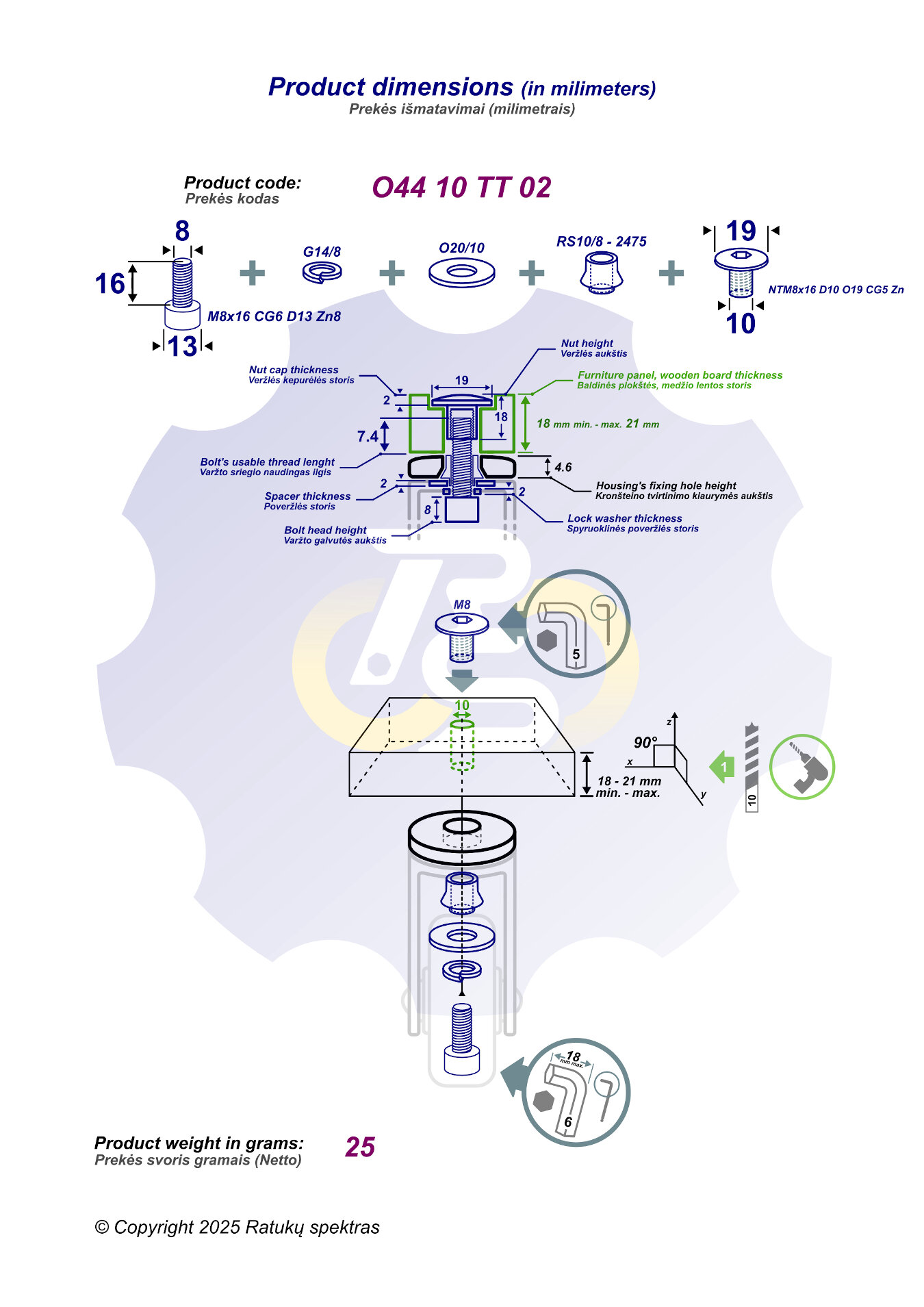 M8 x 16 Zn Varžtas cilindrine galva + spyruoklinė poveržlė + poveržlė + kiaurymės sumažinimo įvorė + NT M8 x 16 Zn T-formos veržlė - Image 2