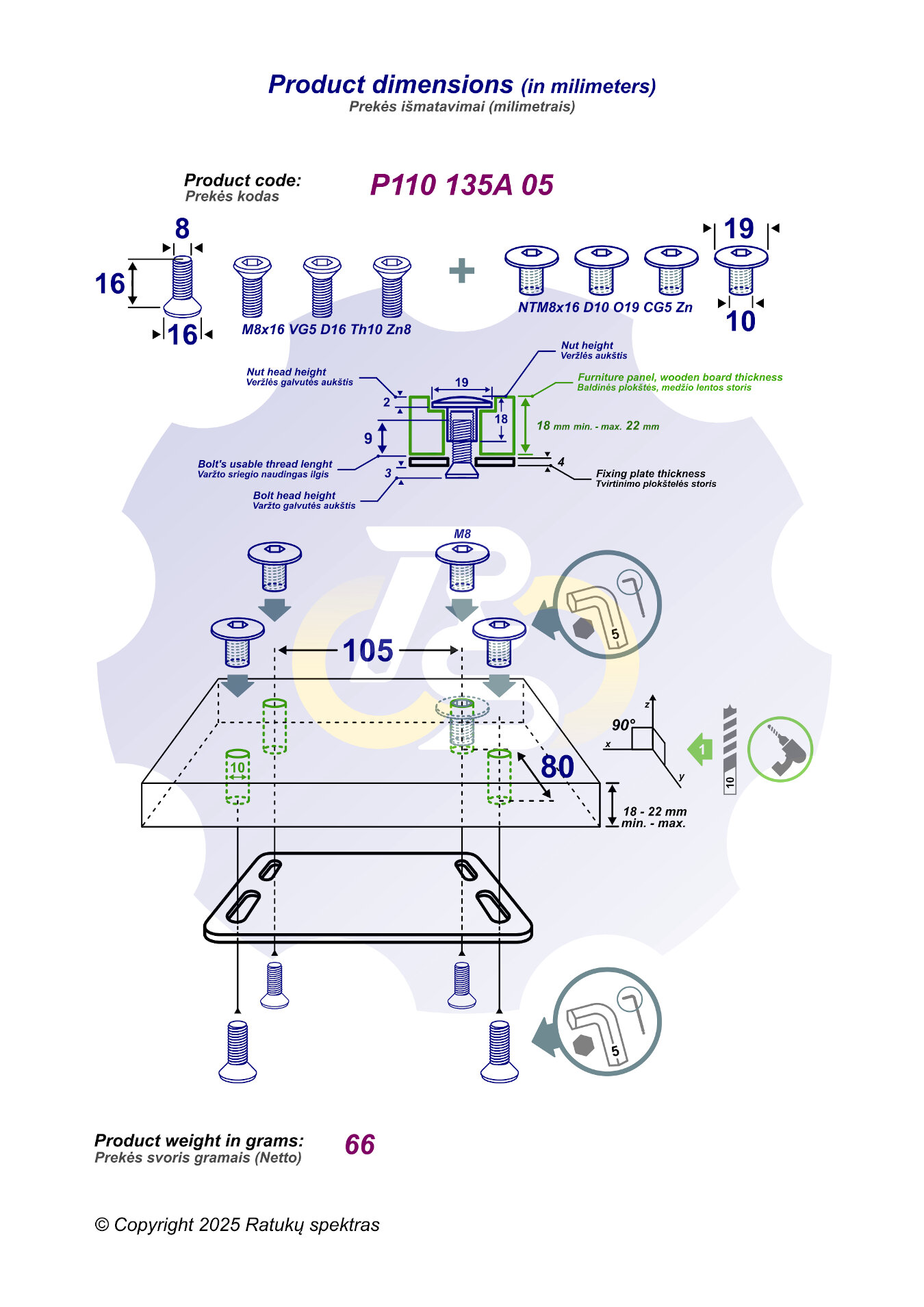 4 vienetai – M8 x 16 Zn Varžtas įleidžiama galva + 4 vienetai – NT M8 x 16 Zn T-formos veržlė - Image 2
