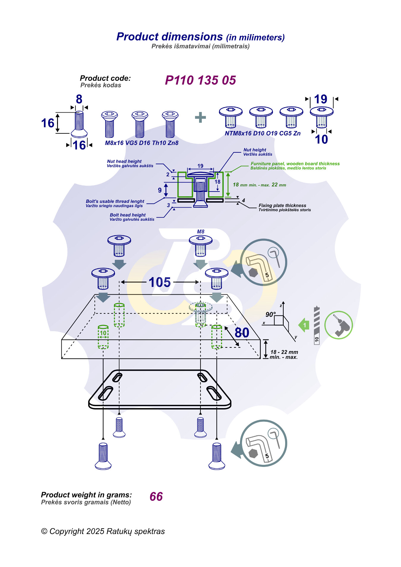 4 vienetai – M8 x 16 Zn Varžtas įleidžiama galva + 4 vienetai – NT M8 x 16 Zn T-formos veržlė - Image 2